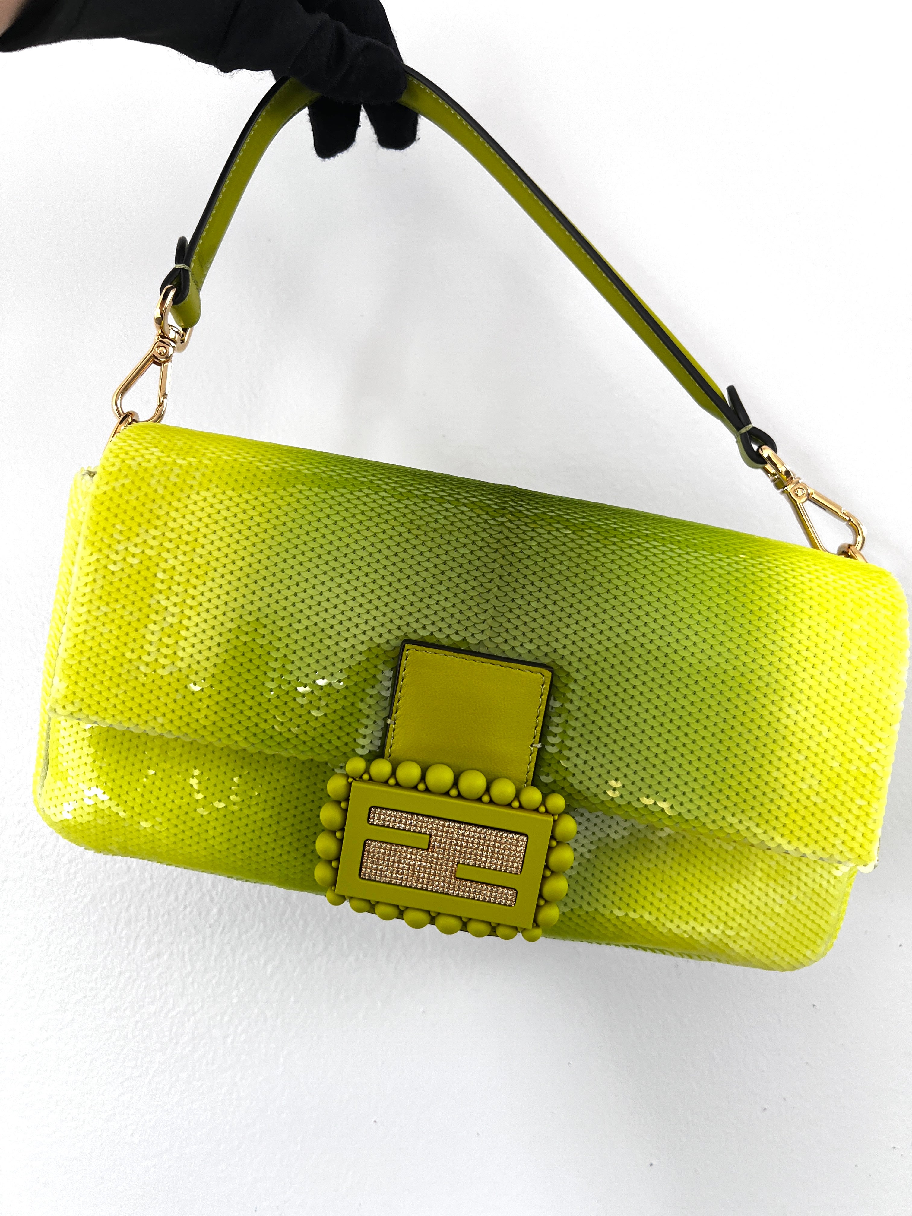 Fendi & SJP Green Sequin Baguette Bag - Luxury Designer Clutch for Evening Parties, Weddings & Special Occasions