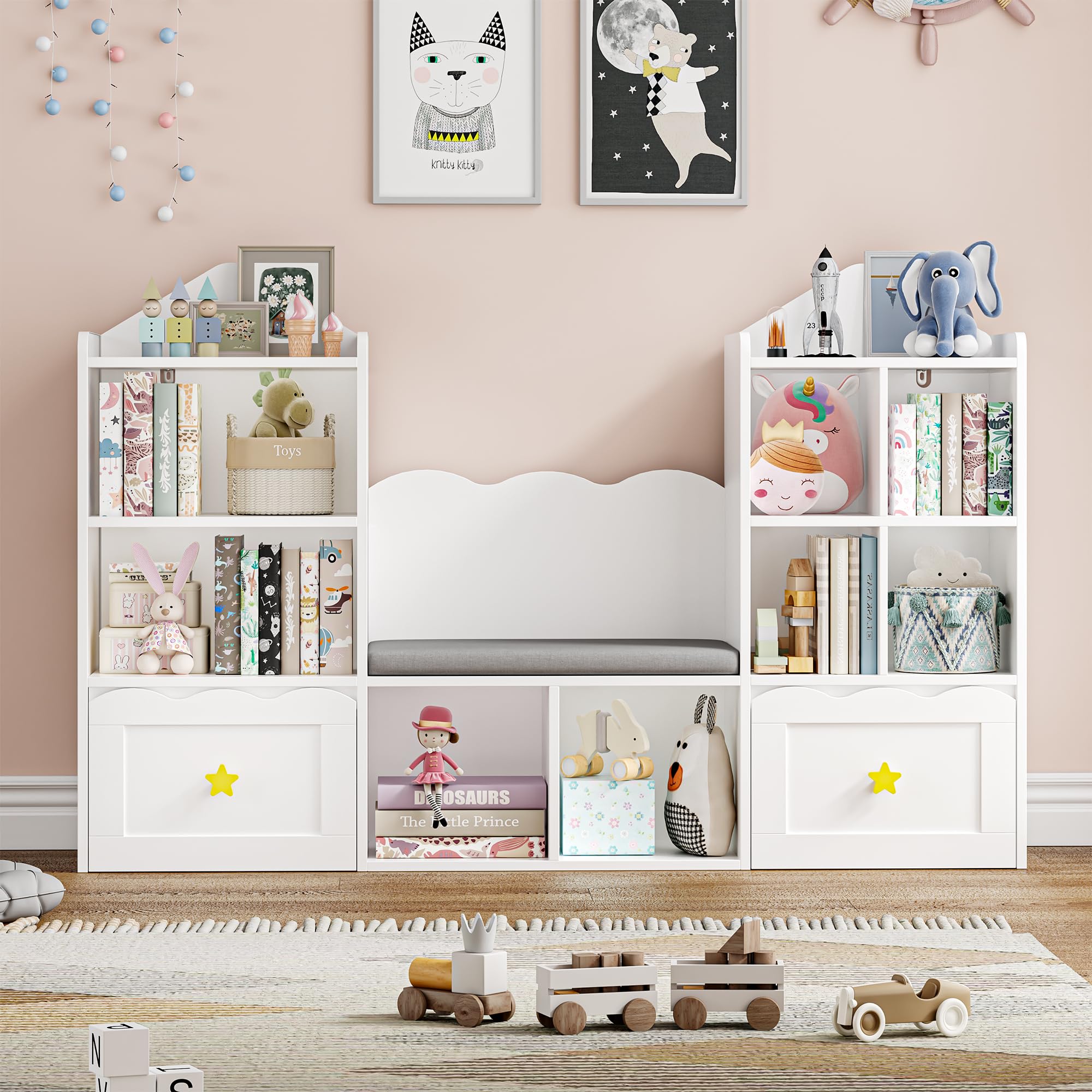 **White Kids Bookshelf with Reading Nook & Soft Cushion Seat - 2-Wheel Drawers, 8 Storage Cubbies - Toy Organizer for Playroom, Bedroom, School - Perfect for Reading, Learning & Playtime**