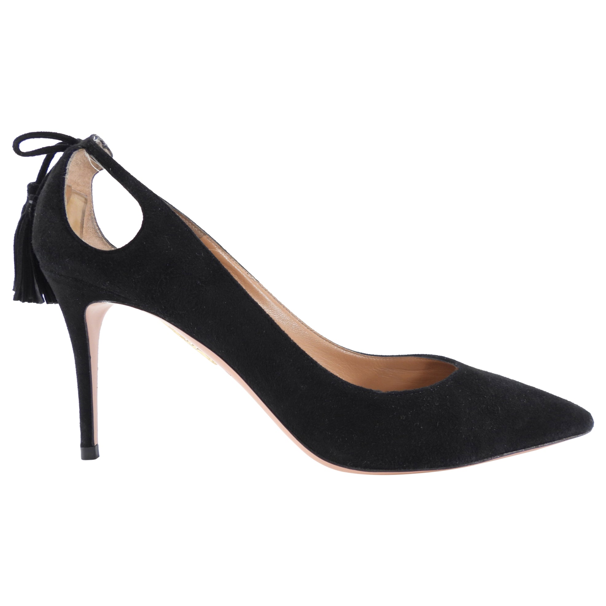 Aquazzura Black Suede Cut Out Detail Tassel Pumps Women's Size 38 (US 8/8.5) - Elegant Heels for Evening Parties, Weddings & Special Occasions