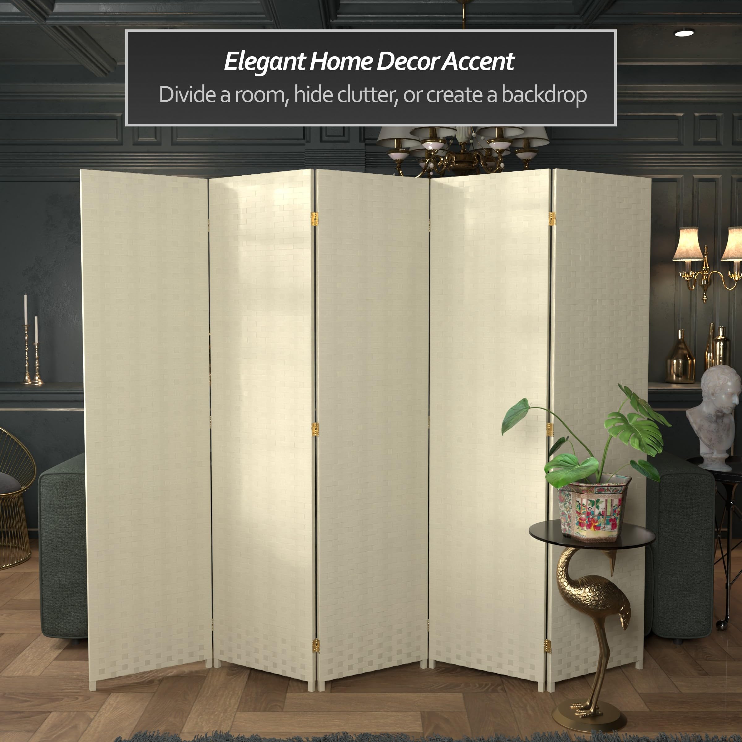 6 ft. Tall Woven Fiber Room Divider - 5 Panel Cream Folding Screen for Living Room, Bedroom & Office Privacy | Red Lantern Design Home Decor
