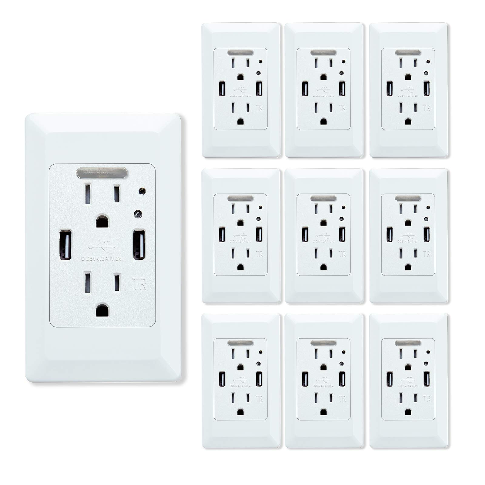 10 Pack USB Wall Outlet with Night Light - 2 USB Ports (4.2A) & 2 AC Outlets (15A Tamper Resistant) - White Electrical Socket with LED Auto Night Light - Perfect for Bedrooms, Hallways, and Home Office Charging Stations