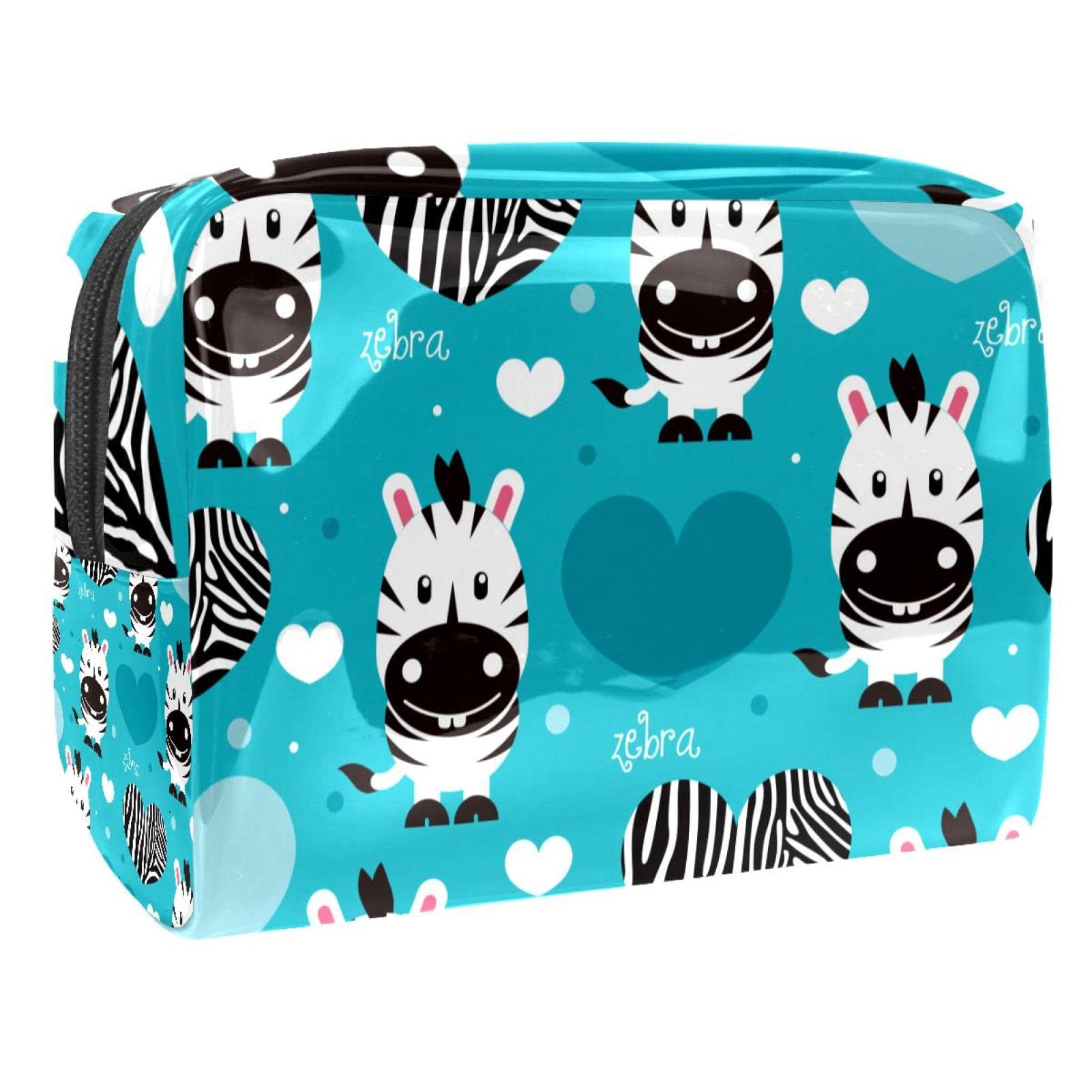 Women's Small Travel Makeup Bag - Zebra & Heart Print Cosmetic Pouch Case for Toiletries | Perfect for Vacation, Gym, Daily Use & Gift Giving