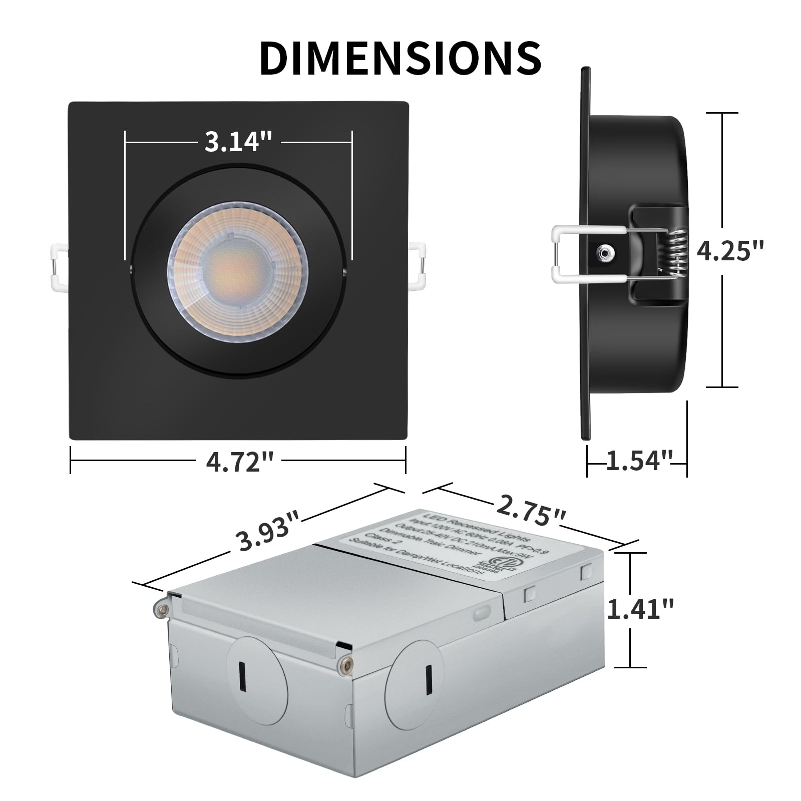 6 Pack Square Black LED Recessed Ceiling Lights with Junction Box - 5CCT Selectable, 9W 750LM, Dimmable Slim Downlight - ETL Listed - Perfect for Kitchens, Living Rooms & Bedrooms