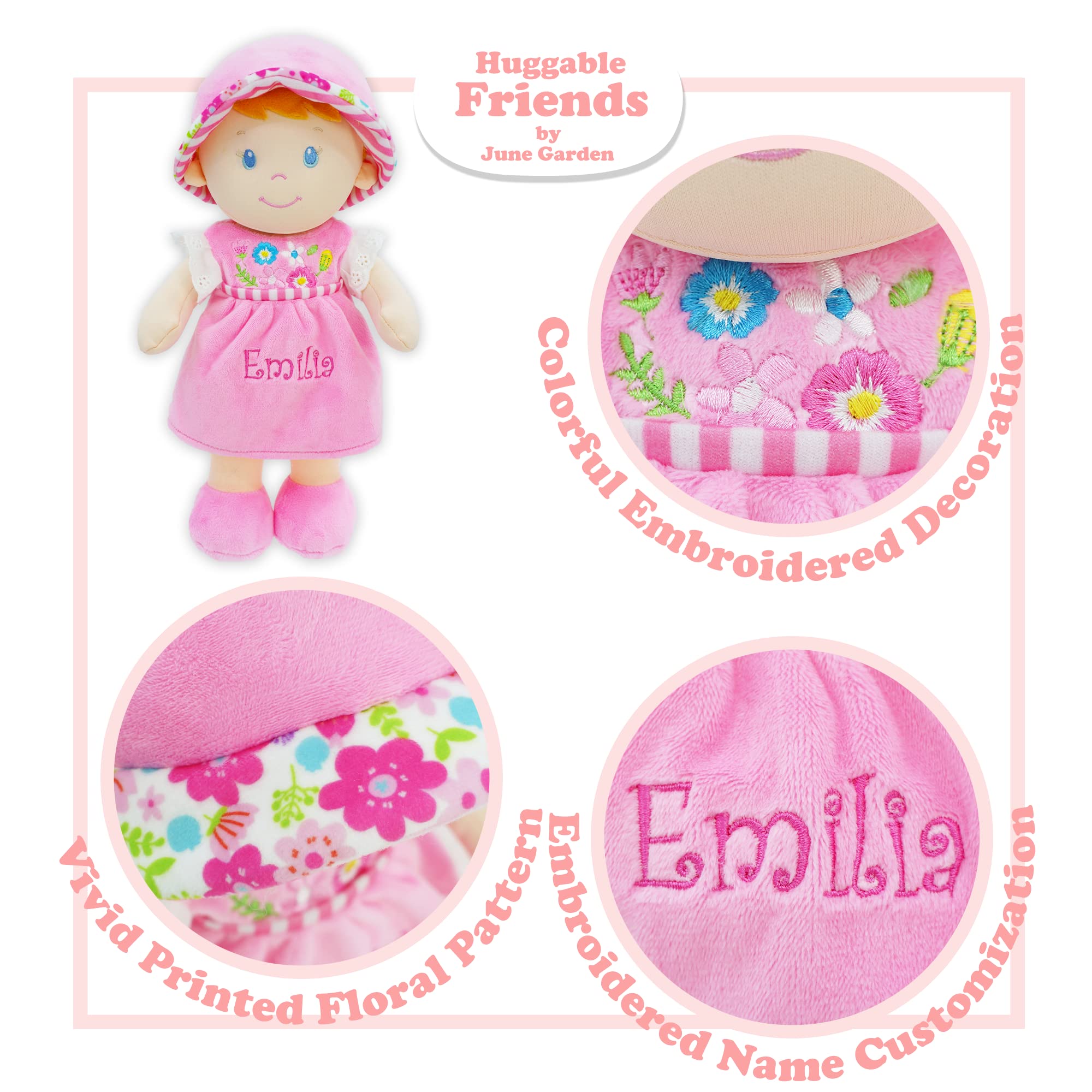 June Garden Personalized Soft Dolly Emilia - Custom Name Stuffed Baby Doll for Newborns & Toddlers with Pink Dress | Perfect Gift for Birthdays, Christenings & Nursery Decor