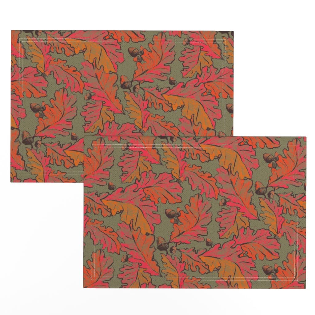 Premium Linen Cotton Canvas Placemats Set of 2 - Autumn Leaves Red Orange Print Table Mats for Dining Room Decor, Thanksgiving Dinner, Fall Home Decor & Seasonal Table Setting