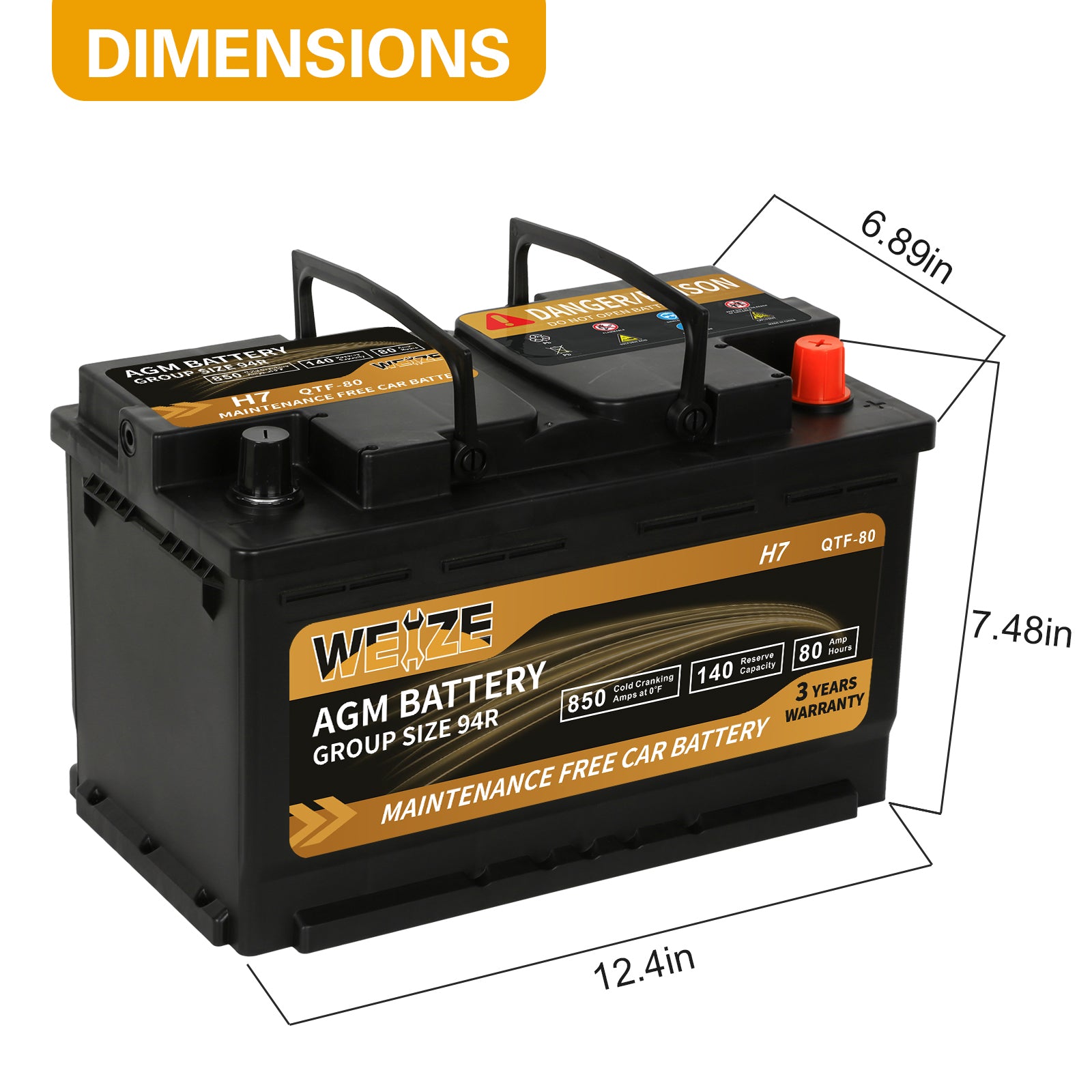 WEIZE Wise Series 94R AGM Car Battery - 12V 80Ah H7 Automotive Replacement Battery for BMW, Mercedes, Audi | Cold Cranking & Deep Cycle Performance | Ideal for Extreme Weather & Off-Road Vehicles