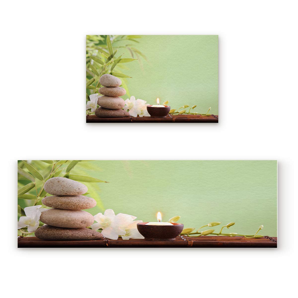 Non-Slip Washable Kitchen & Bath Mat Set - 2 Piece Soft Rubber Back Floor Mats for Bathroom, Spa, Entryway - Asian Zen Style with Bamboo & Stone Decor - Perfect for Home, Yoga Studio & Relaxation Spaces