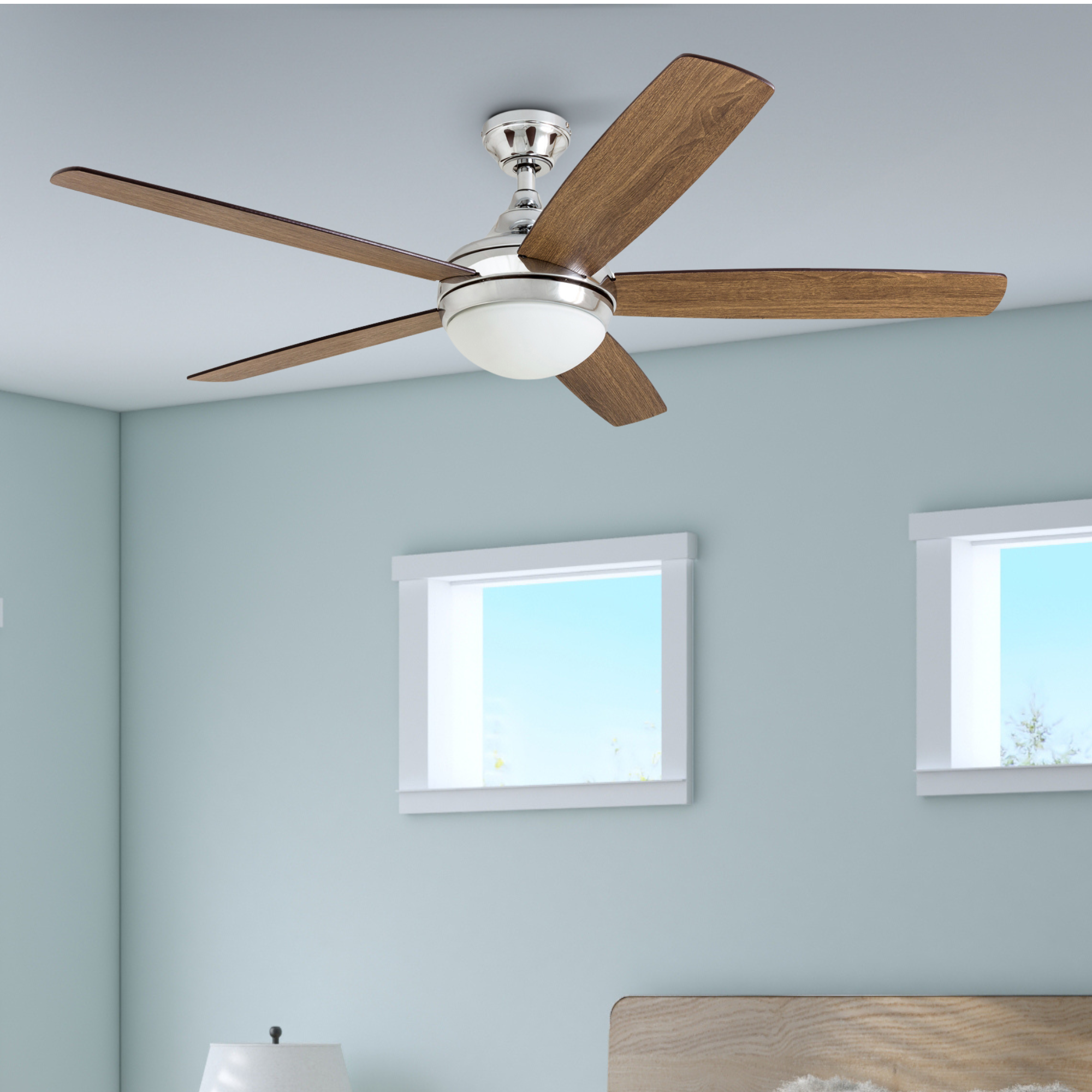 52 Inch Ashby Chrome Remote Control Ceiling Fan with Light Kit - Modern Indoor/Outdoor Cooling for Living Room, Bedroom, or Patio
