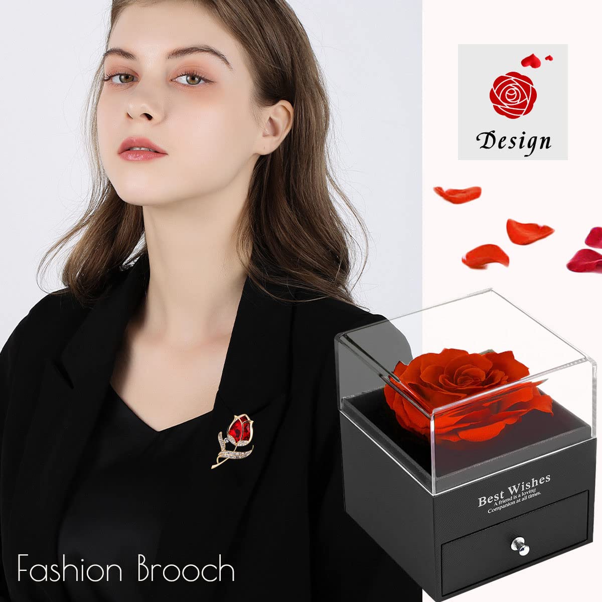Enchanted Real Ruby Rose Brooch Gift Box - Handmade Eternal Preserved Red Rose in Jewelry Box for Christmas, Mother's Day & Anniversary - Perfect Romantic Gift for Her, Wedding Proposal, Valentine's Day & Special Occasions