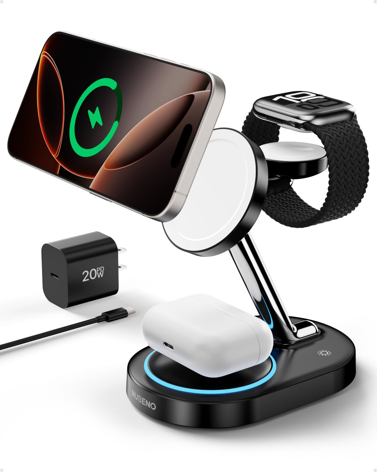 3-in-1 Magnetic Wireless Charging Station for iPhone 16/16 Pro/16 Pro Max - Magsafe Compatible Charger Stand for iPhone 15/14/13/12 Series, Apple Watch & AirPods (Black) - Perfect for Home, Office & Nightstand Charging