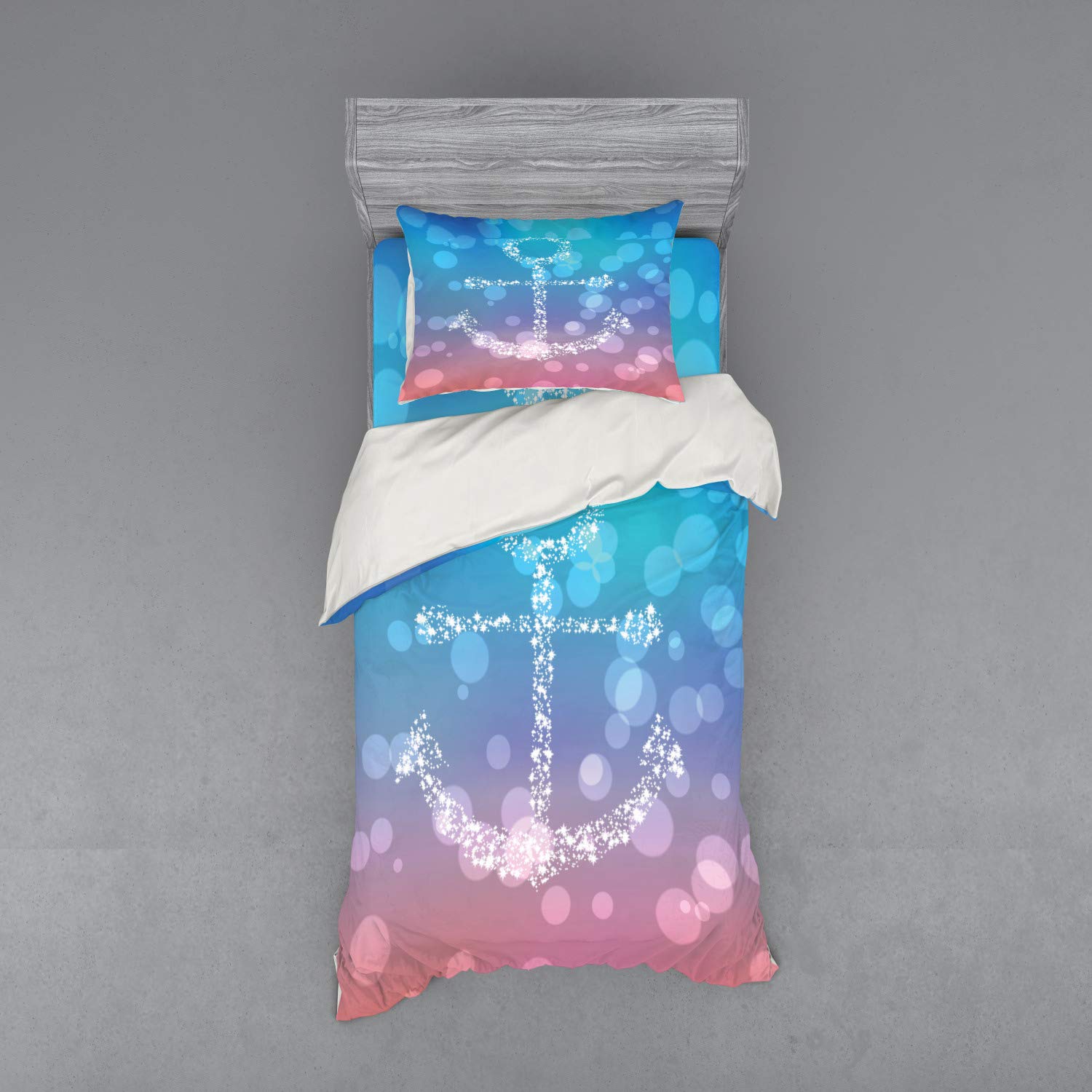 Ambesonne Anchor Bedding Set - 3 Piece Duvet Cover with Sham & Fitted Sheet, Twin Size, Pink Blue Starry Marine Bubbles Abstract Design | Nautical Themed Bedroom Decor for Kids, Teens & Coastal Style Homes