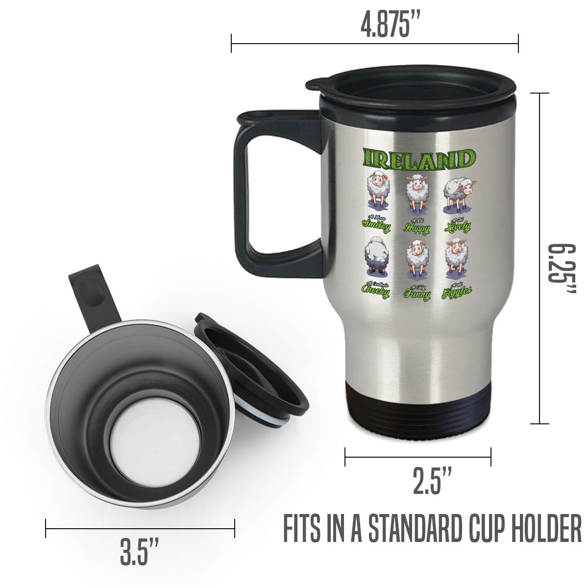 14 oz Irish Saint Patrick's Day Travel Mug - Happy Sheep Ireland Design Coffee & Tea Insulated Cup for Commuting, Office & Farming | Perfect Gift for Irish Heritage Lovers