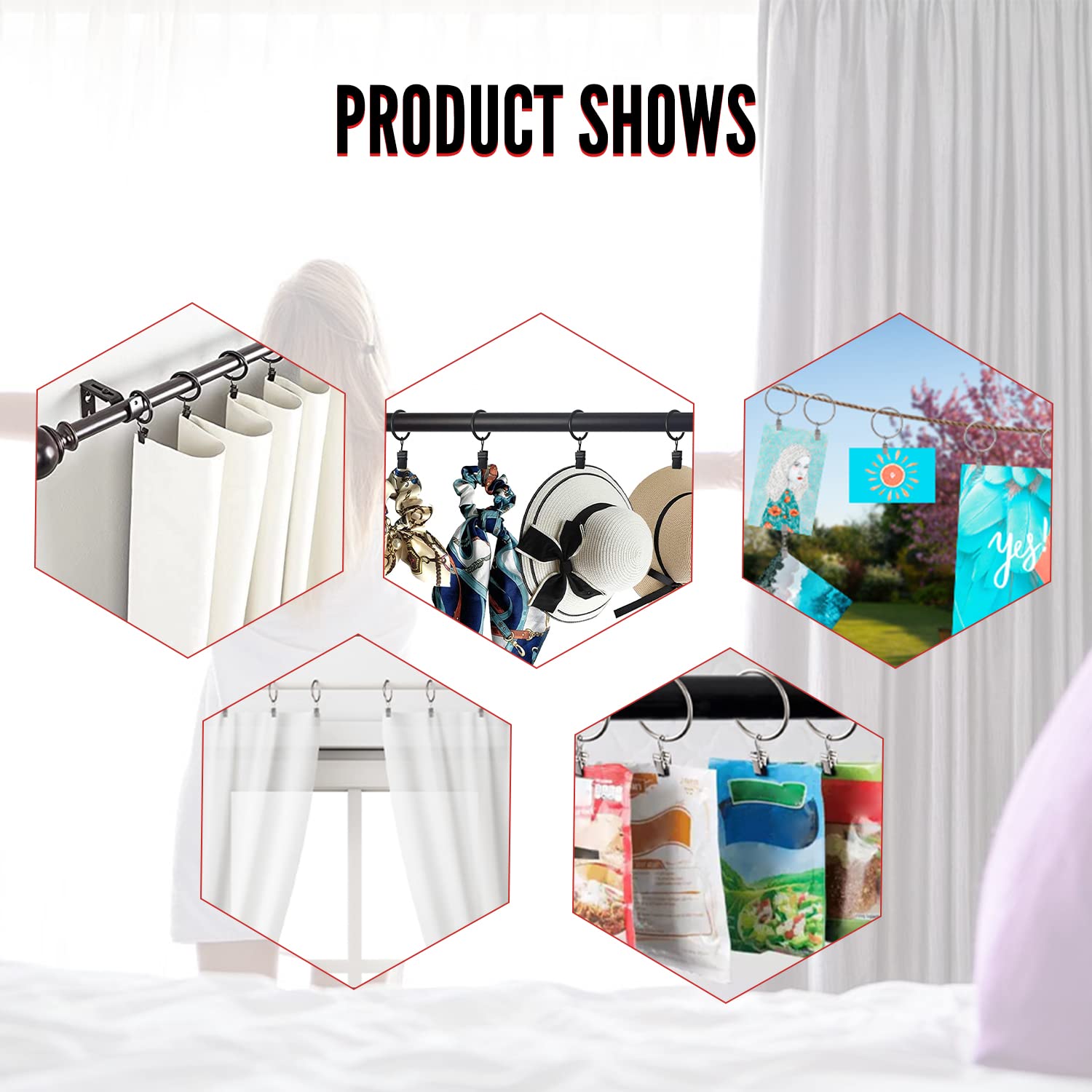 MroMax 16Pcs Metal Curtain Rings with Clips - 1 Inch Silver Drapery Hooks for Window Curtain Rods | Decorative Iron Rings for Drapes, Sheers & Valances | Perfect for Living Room, Bedroom & Home Decor