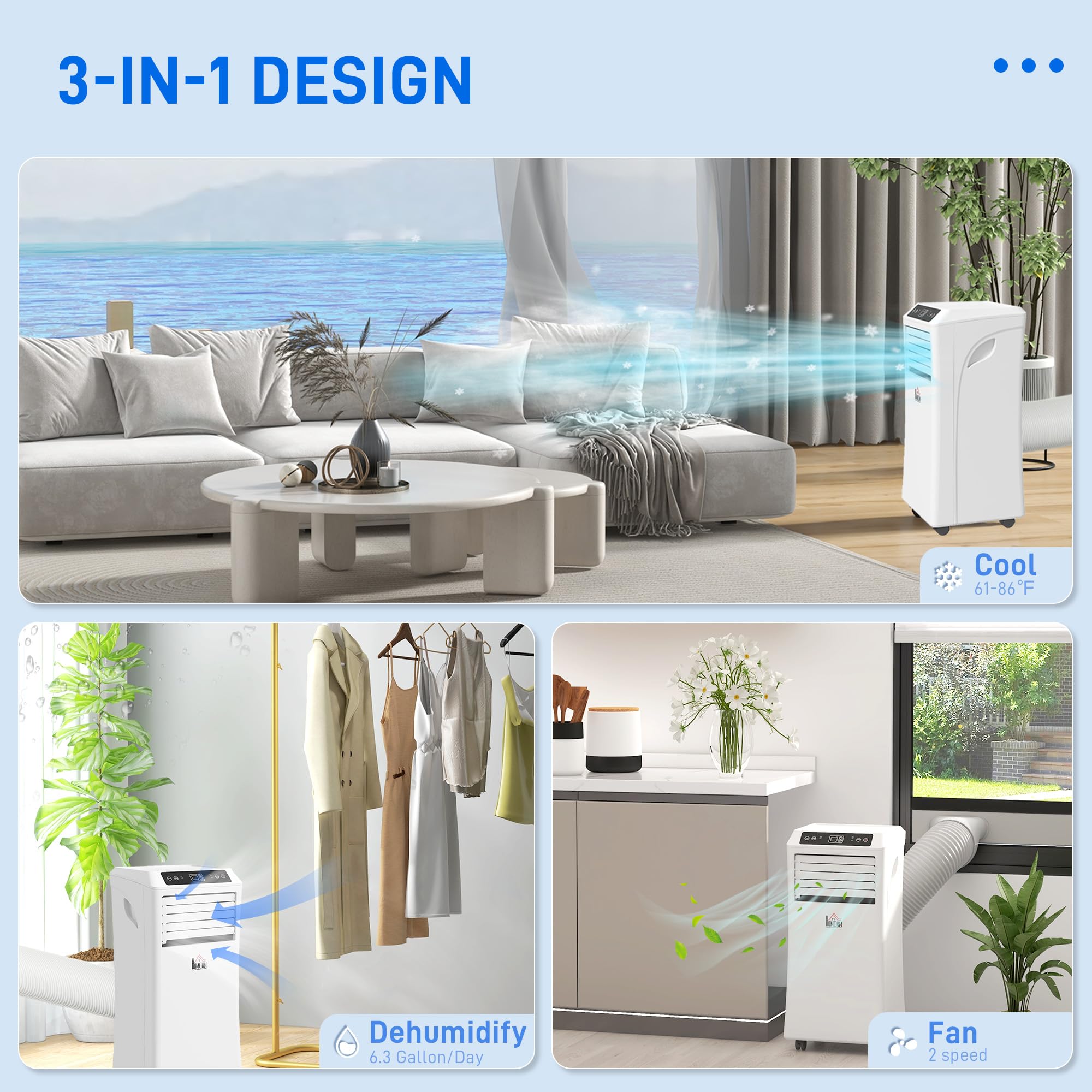 HOMCOM 10000 BTU Portable Air Conditioner with Remote Control - Cooling, Dehumidifier & Fan for Bedroom, Living Room, Home Office - White | Perfect for Summer Cooling & Year-Round Comfort