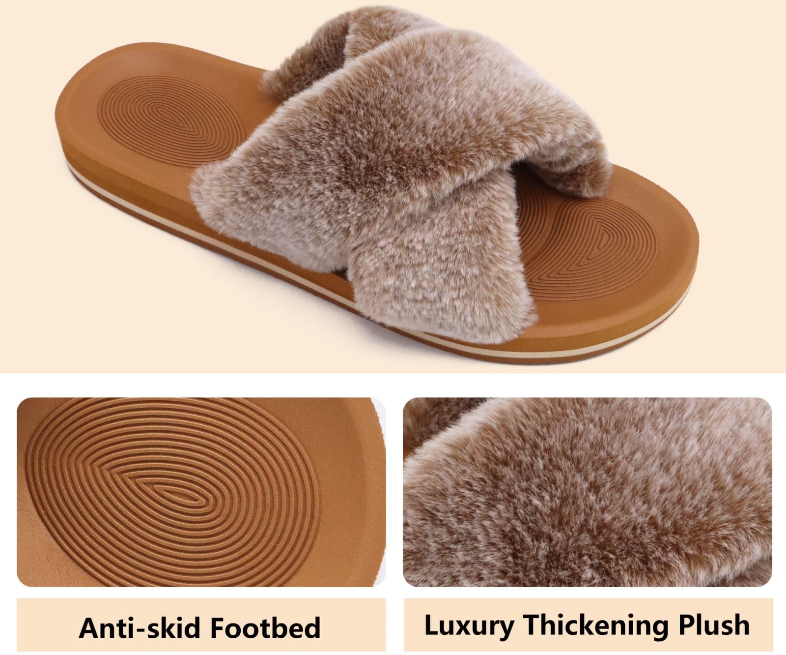 COFACE Women's Fuzzy Slides - Fluffy Faux Fur House Slippers with Arch Support, Open Toe Sandals for Indoor/Outdoor Use - Perfect for Yoga, Lounging & Home Comfort