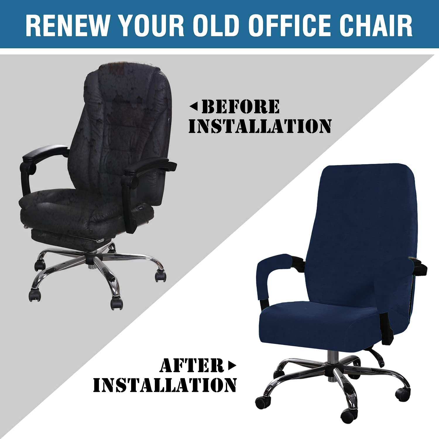 Stretchable Velvet Office Chair Cover - Removable & Washable Universal Elastic Slipcover for Computer, High Back & Rotating Chairs - Modern Simplistic Style (Navy, Small) - Perfect for Home Office, Gaming & Workspace Decor