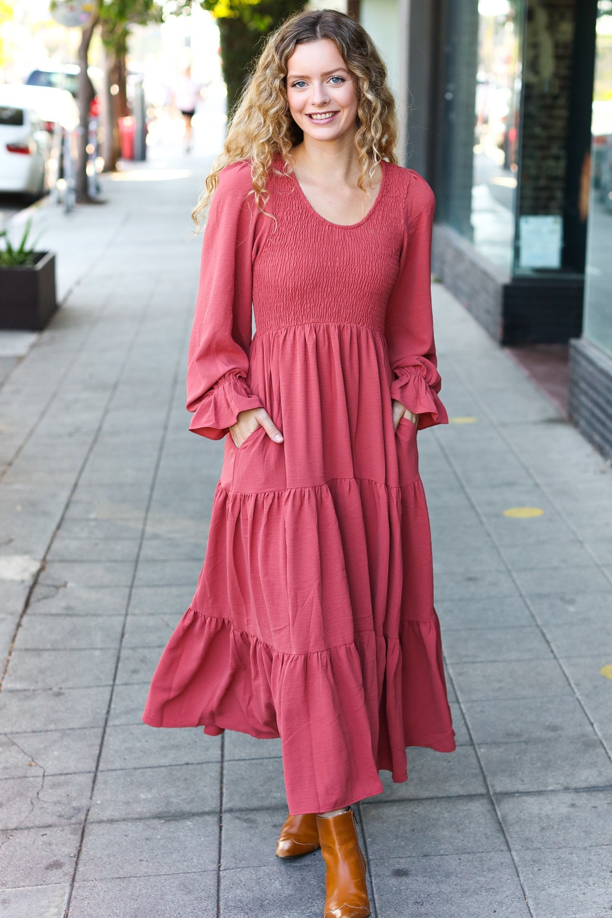 Beautiful You Lock Eyes Marsala Smocked Ruffle Sleeve Maxi Dress - Elegant Women's Long Dress for Weddings, Parties & Special Occasions