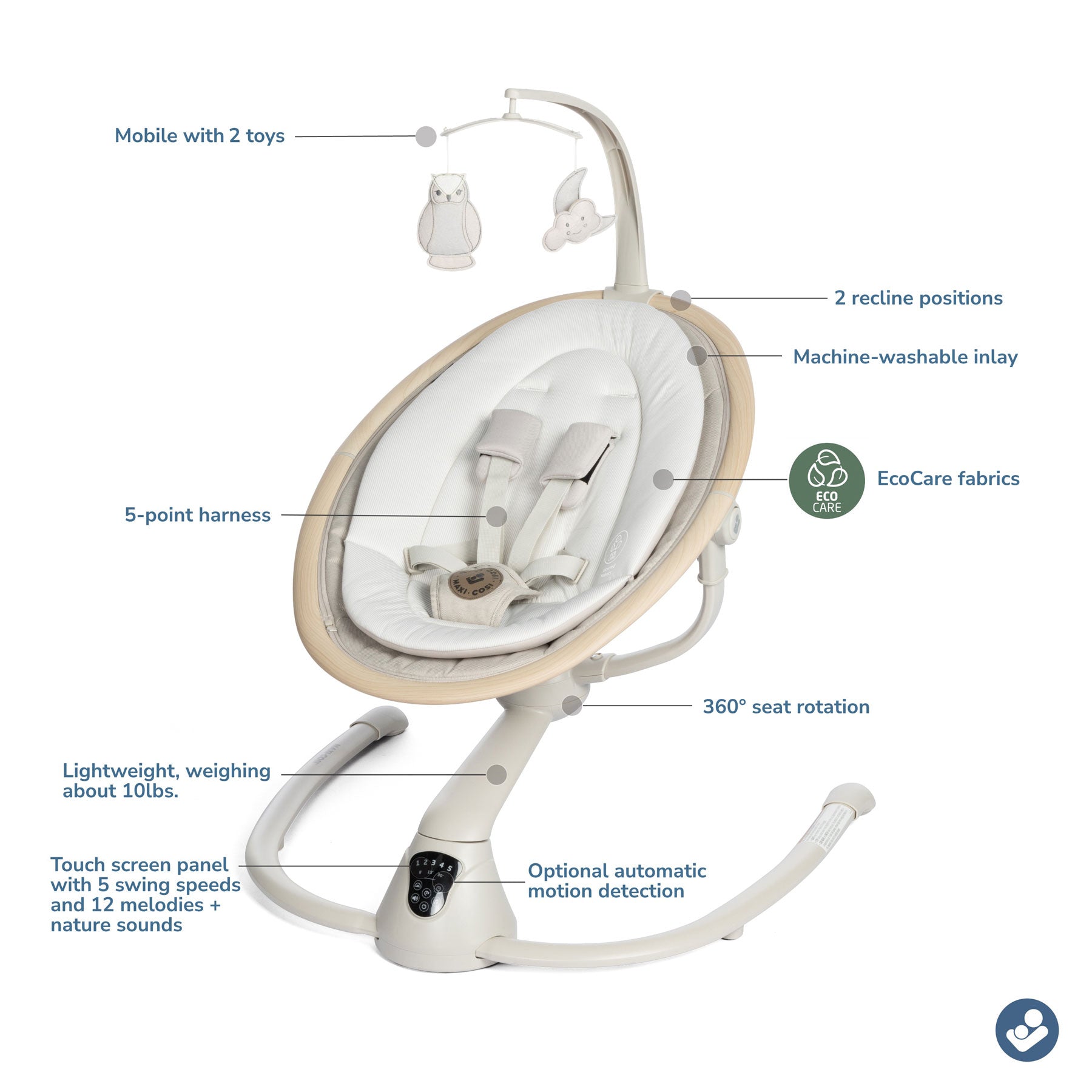 Maxi Cosi Cassia Swing - Baby Swing with Soothing Motions & Music, Adjustable Recline for Newborns & Infants - Perfect for Nursery, Living Room & Travel