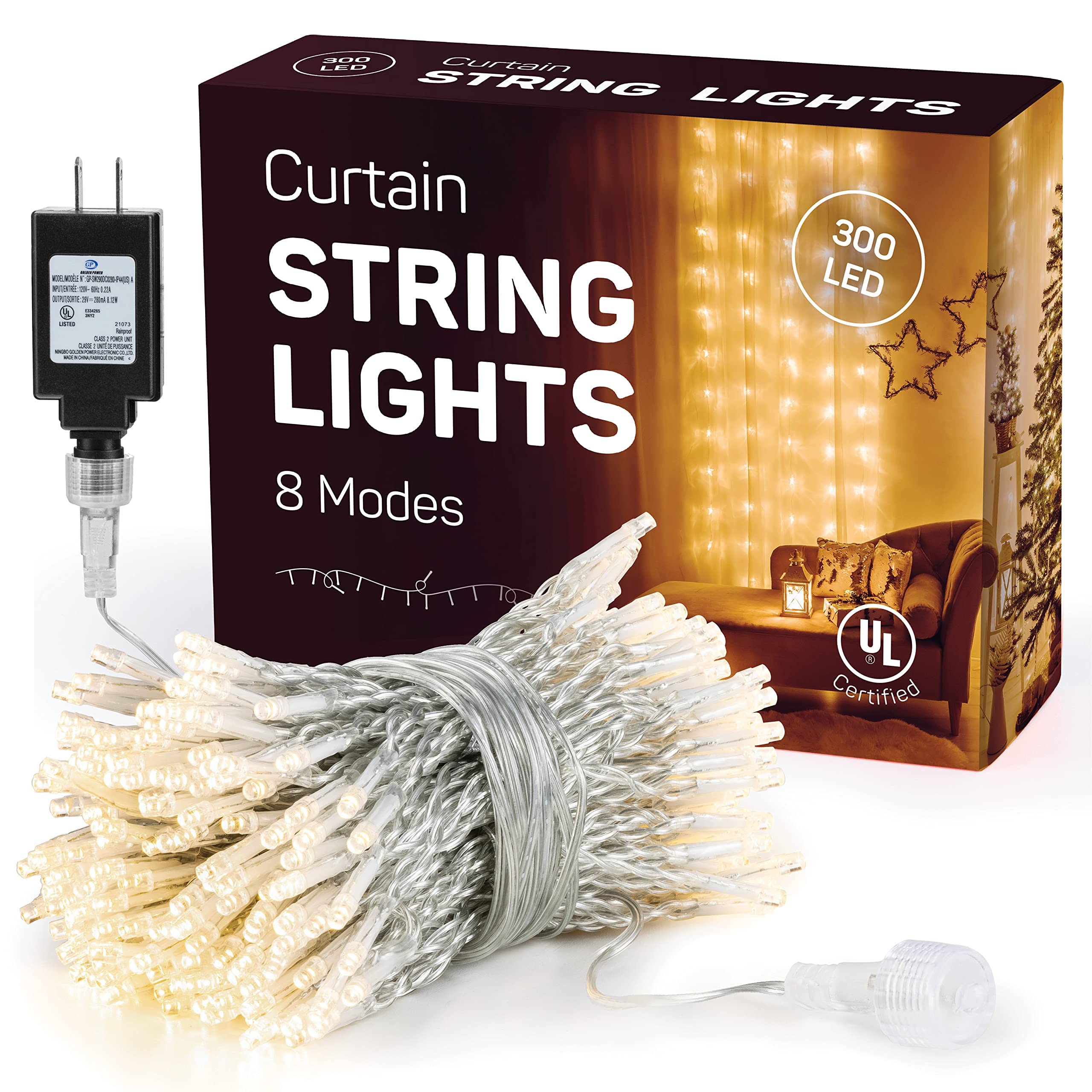 300 LED Curtain Lights Waterproof String Lights with 8 Lighting Modes - UL Certified for Indoor Outdoor Use - Perfect for Holiday Party Wedding Garden Bedroom Wall Decor (Warm White, 9.8' H x 6.6' L) - Create Magical Ambiance for Christmas, Valentine's Day, and Home Decoration