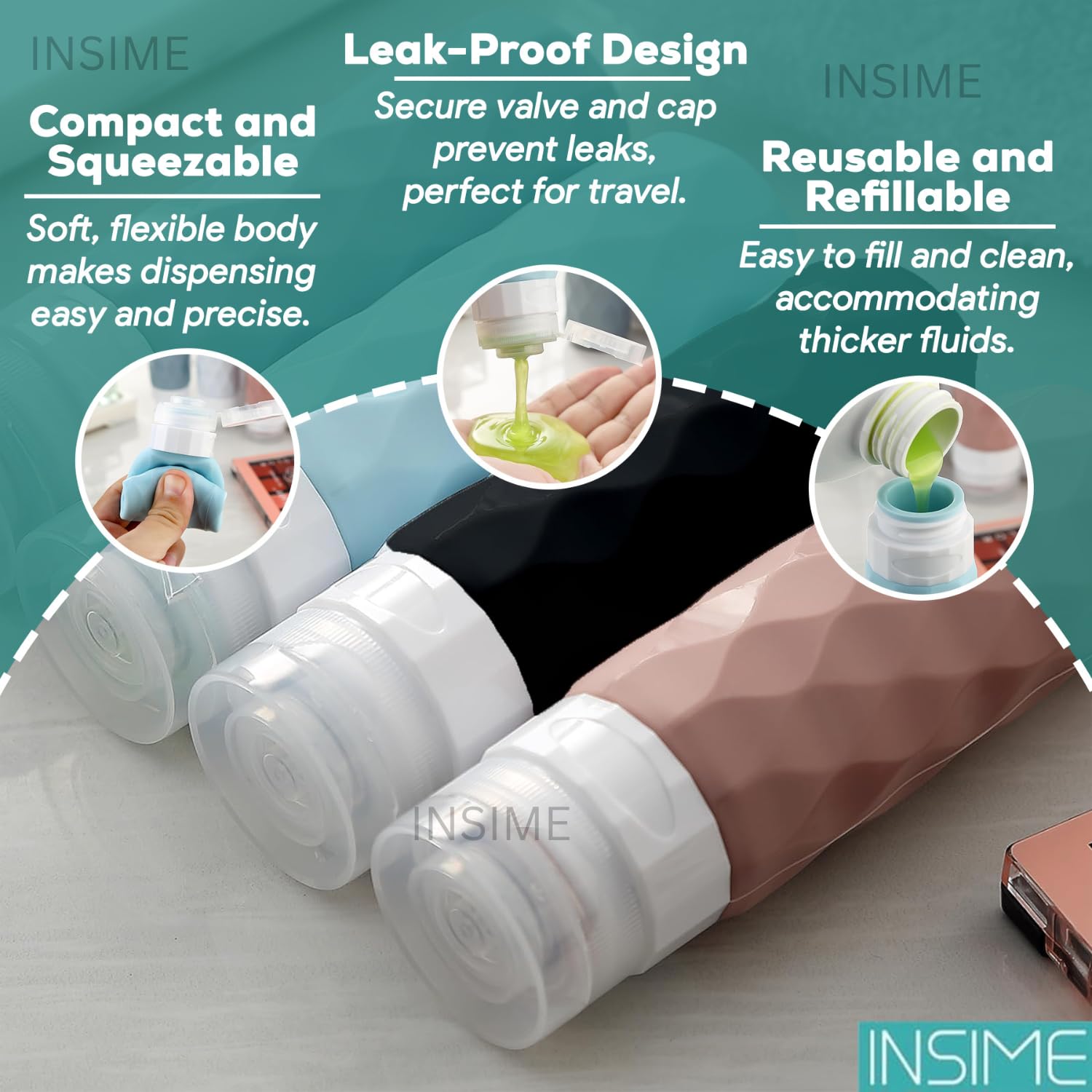 INSIME Silicone Travel Bottles for Toiletries - Leak Proof Refillable Containers for Shampoo, Lotion & Makeup | TSA Approved Travel Size Toiletry Kit | Perfect for Airplane Carry-on, Gym Bag & Vacation Essentials
