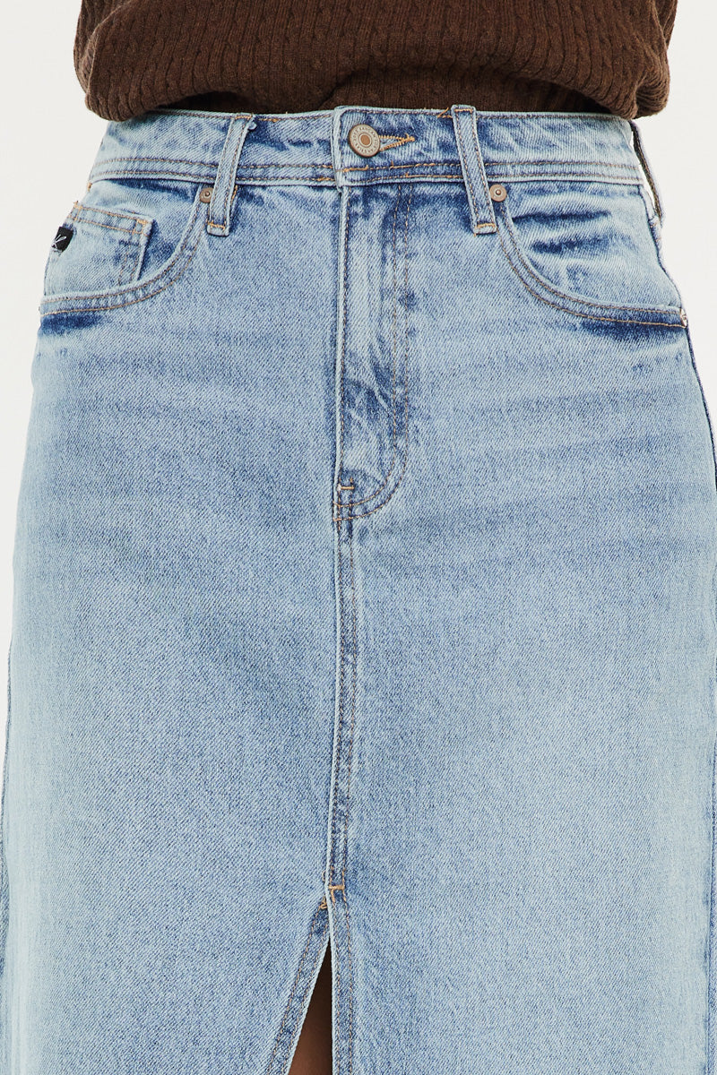 Indigo High Rise Midi Skirt for Women - Stretchy A-Line Denim Skirt with Pockets | Perfect for Casual Outfits, Office Wear & Date Nights