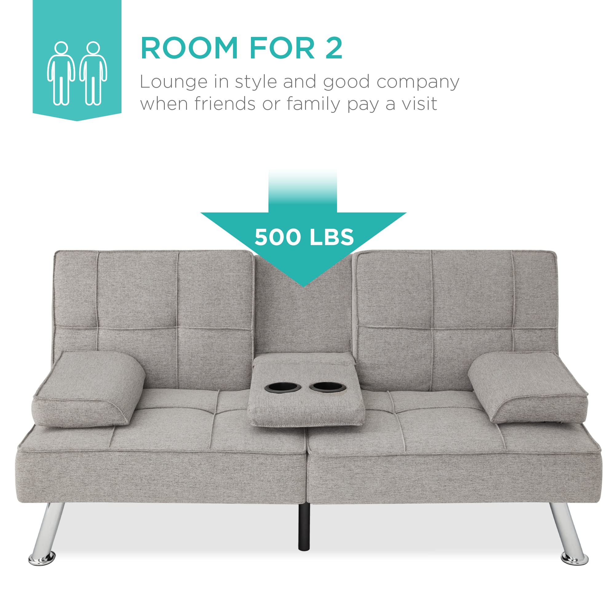 Best Choice Products Modern Folding Futon Sofa Bed - Light Gray Linen Recliner with Removable Armrests & 2 Cup Holders for Small Spaces, Apartments, Dorms | Perfect for Guest Beds, Lounging & Studio Living