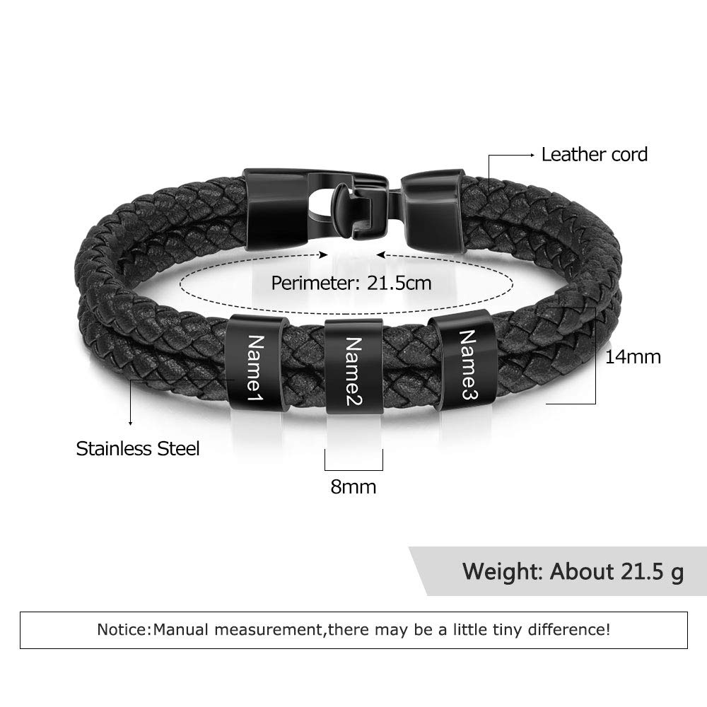 Custom Personalized Men's Leather Bracelet - Black Braided Rope with 1-8 Name Beads - Adjustable Wristband for Gifts, Couples, Father's Day & Everyday Wear