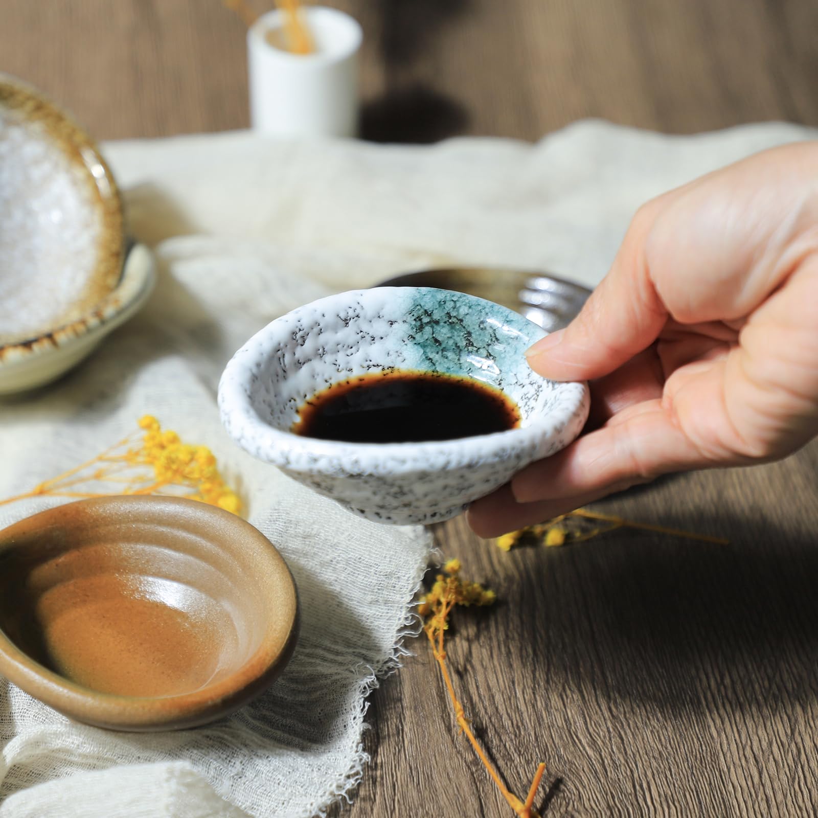 Set of 5 Japanese Vintage Style Ceramic Dipping Bowls - 3.5 Inch Small Side Dishes for Soy Sauce, Wasabi & Seasonings - Perfect for Sushi, Ramen & Asian Dining