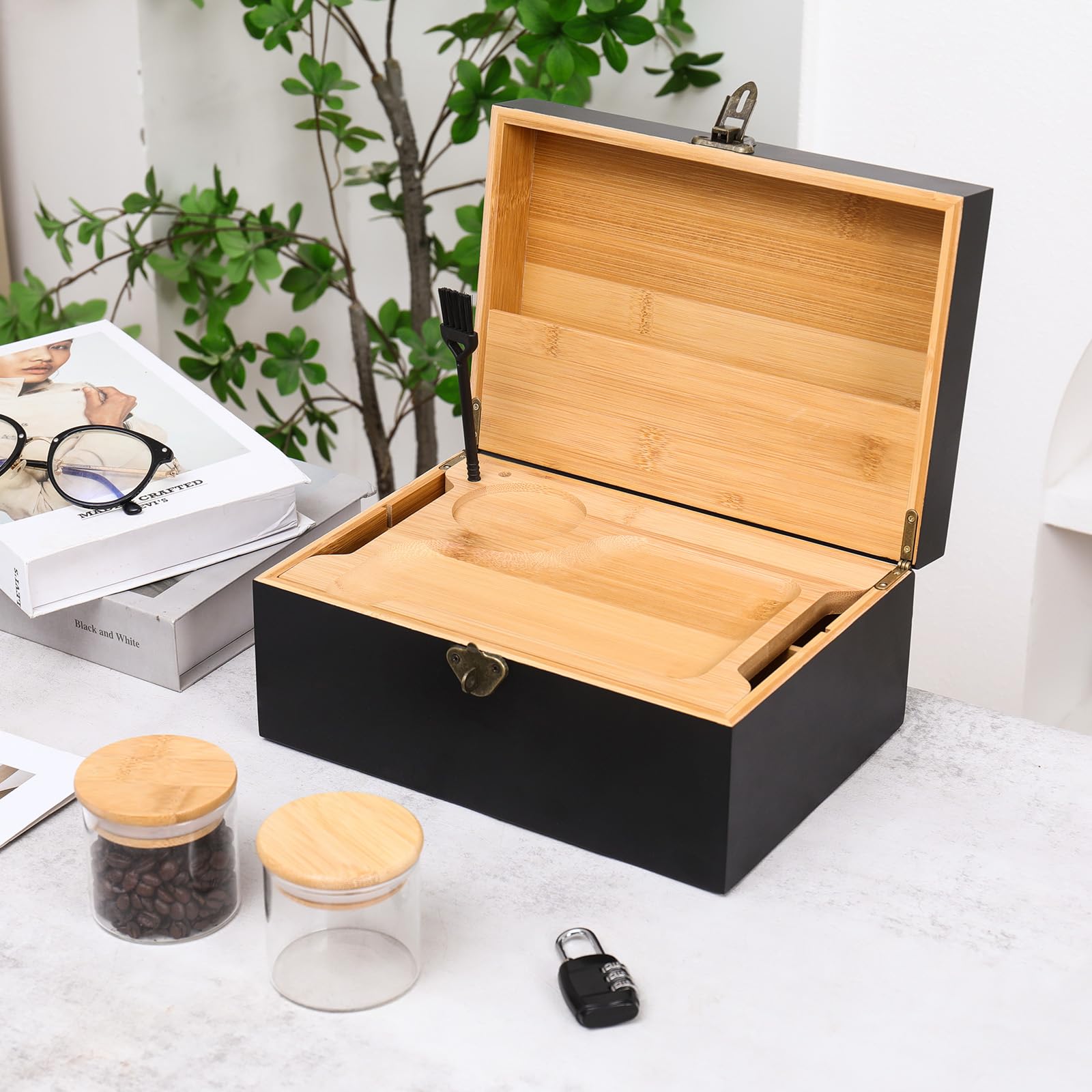 ARTAWEIN Decorative Storage Box Set with Removable Tray & Combination Lock - 3 Glass Jars & Detachable Dividers - Multipurpose Organizer for Jewelry, Makeup, Office Supplies (Black) - Perfect for Home Decor, Gift Giving & Clutter-Free Organization