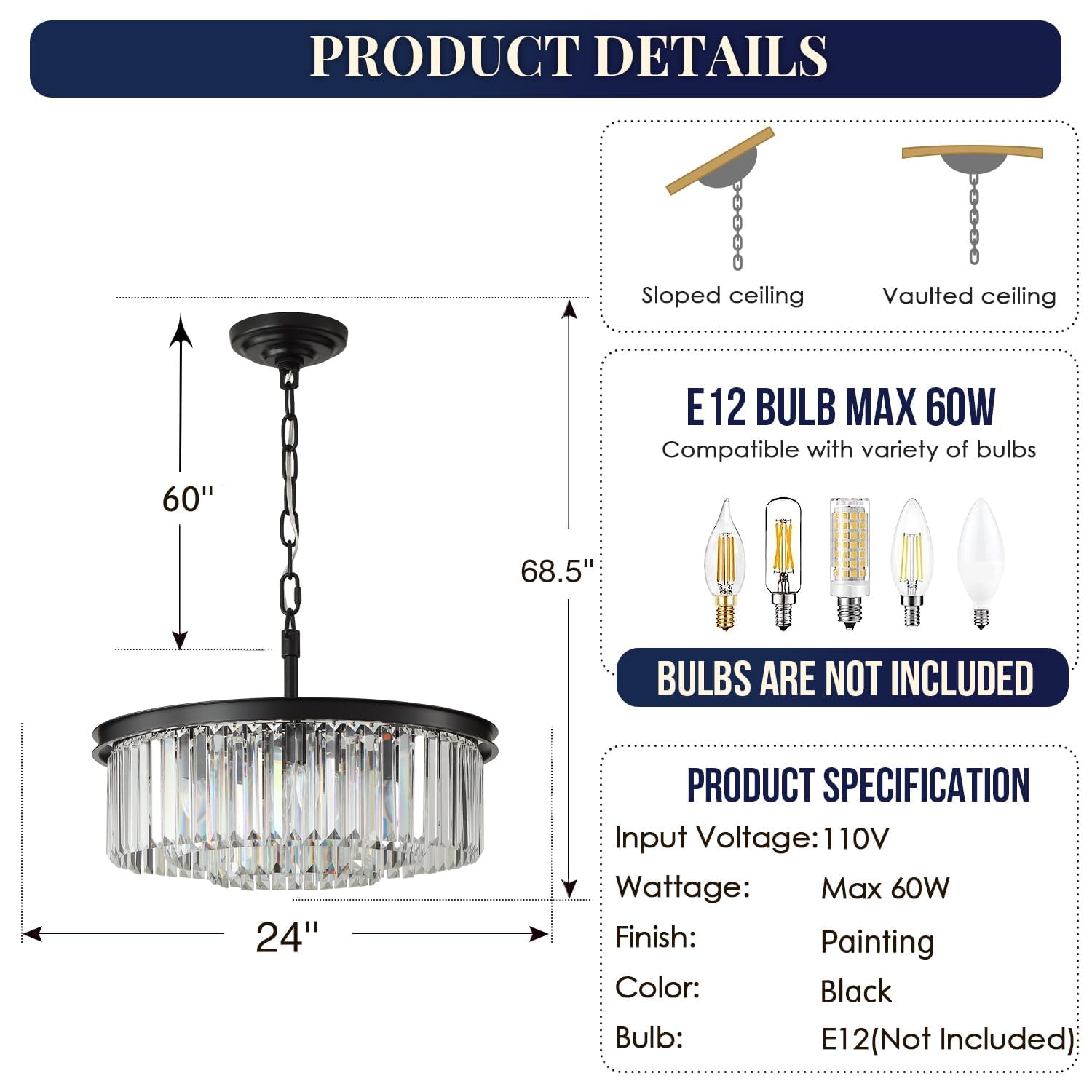 9-Light Modern Chandelier - Adjustable Height Black Metal Pendant Lighting Fixture (24