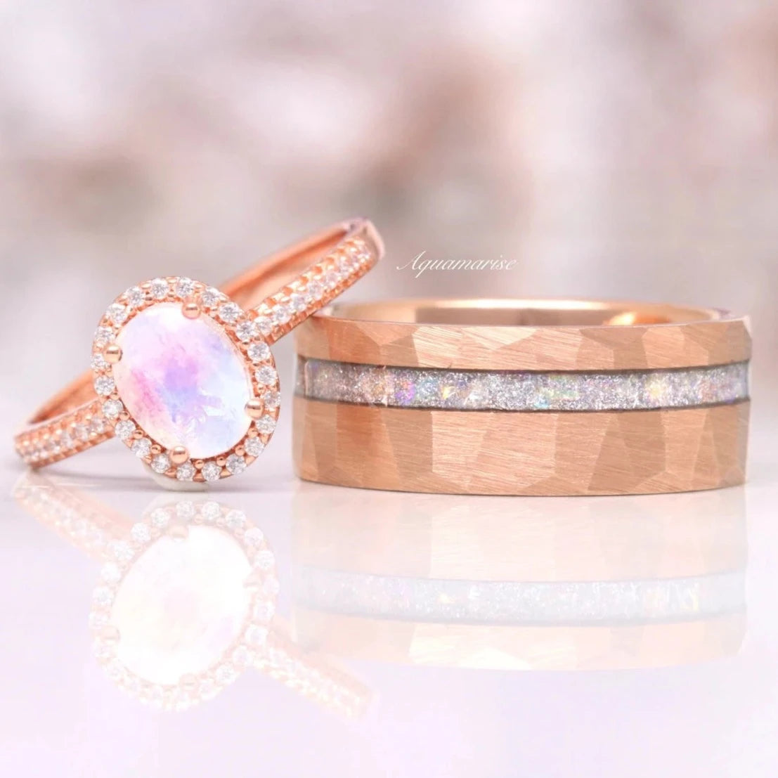 Galaxy Rainbow Moonstone Couples Ring - Elegant Matching Wedding Bands for Him & Her - Perfect for Anniversaries, Engagements and Romantic Gifts
