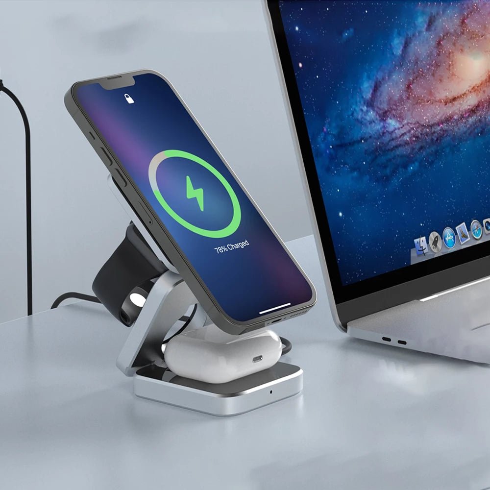 PowerFold Pro: 3-in-1 Foldable MagSafe Charging Stand for iPhone, Apple Watch & AirPods - Portable Wireless Charger for Home, Office & Travel