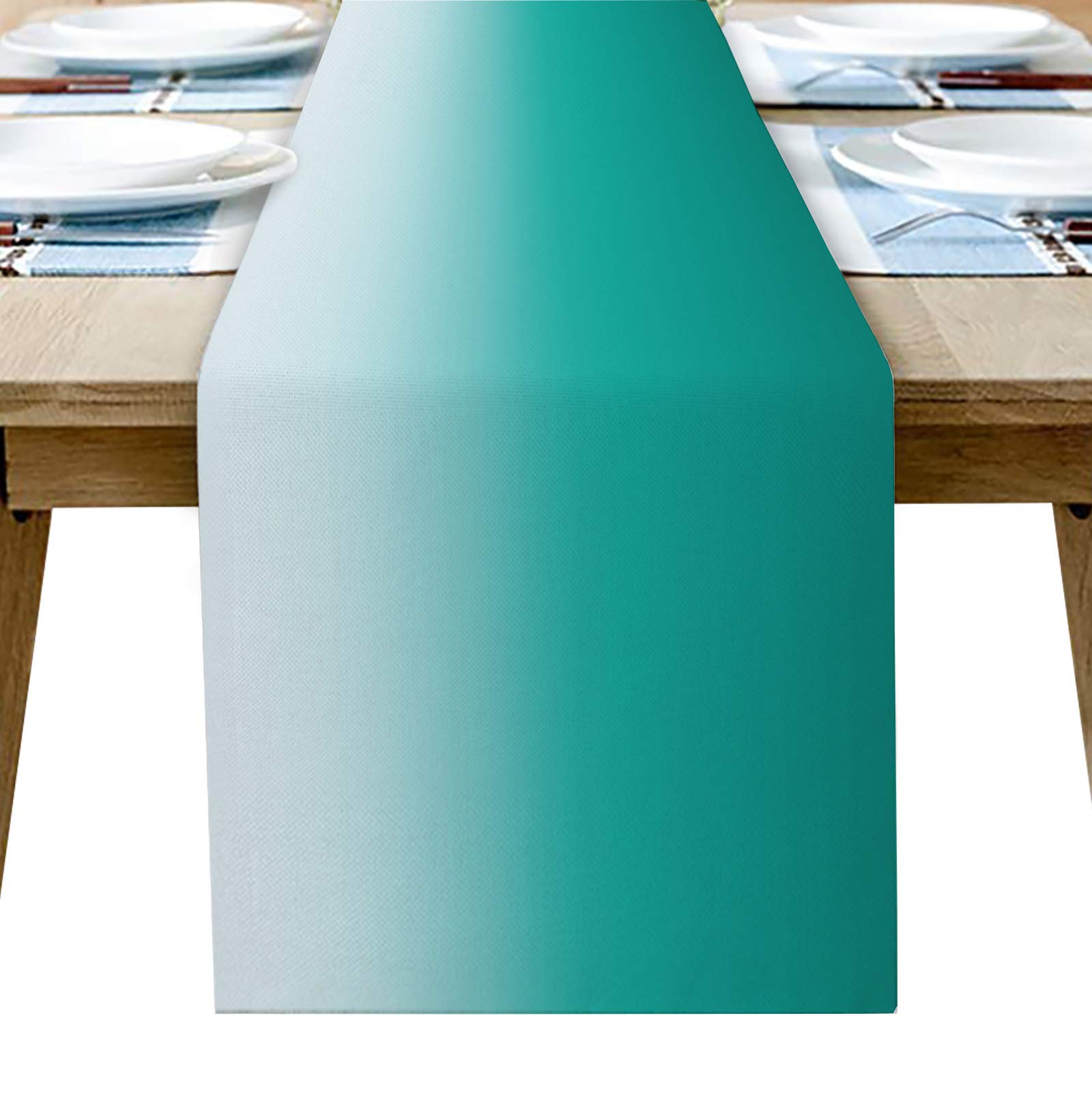 Ombre Turquoise Cotton Linen Table Runner - 16x72 Inch Teal White Gradient Rectangular Table Cover for Wedding, Holiday Party, Farmhouse Kitchen & Dinner Decor | Dresser Scarf, Table Setting Accessory