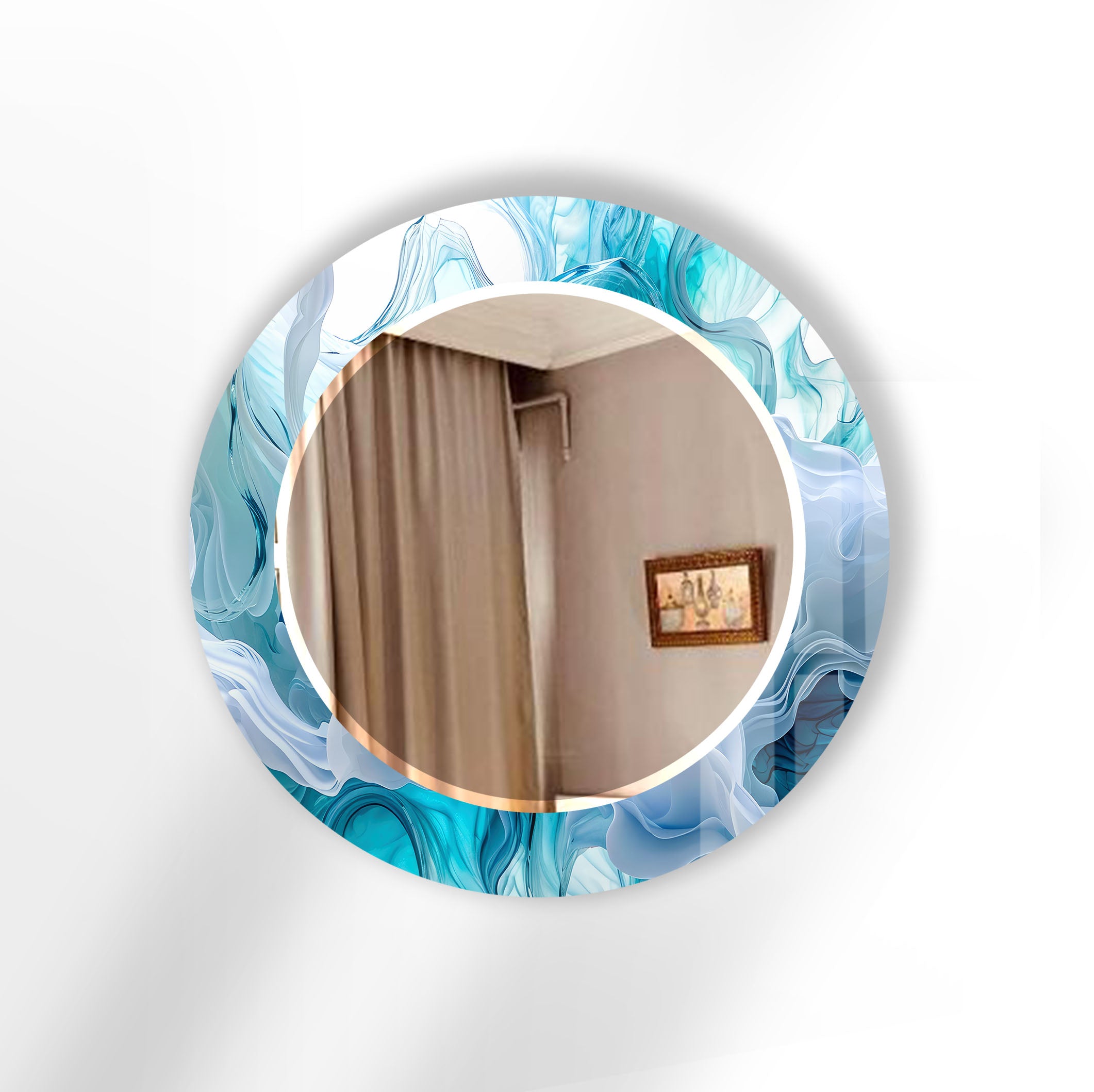 Aqua Blue Swirl Round Wall Mirror - Ocean Inspired Glass Frame for Coastal Home Decor | Bathroom, Bedroom & Living Room Wall Art | Nautical Themed Decor
