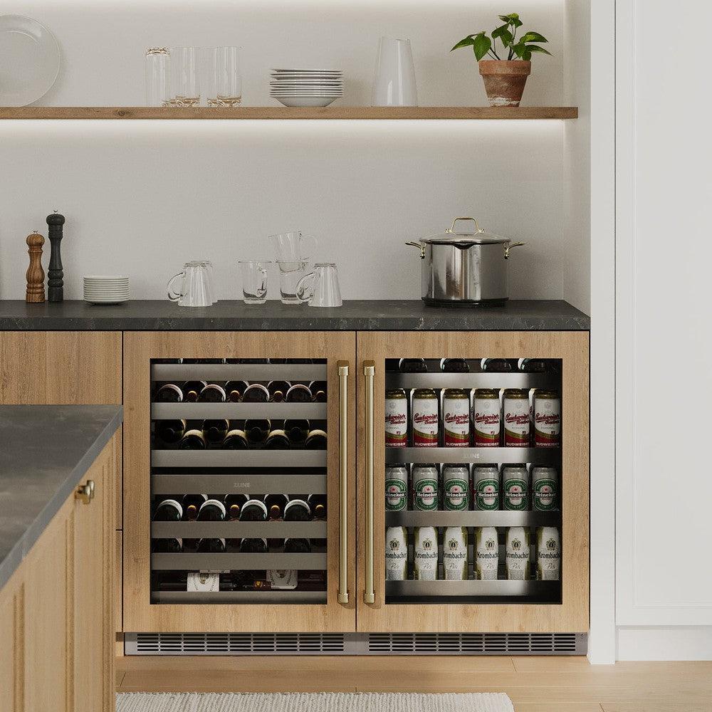 ZLINE Autograph Edition 24 Inch Touchstone Dual Zone 44 Bottle Wine Cooler with Panel Ready Glass Door & Polished Gold Handle - Perfect for Home Bars, Wine Cellars, and Entertaining Guests (RWDPOZ 24 G)