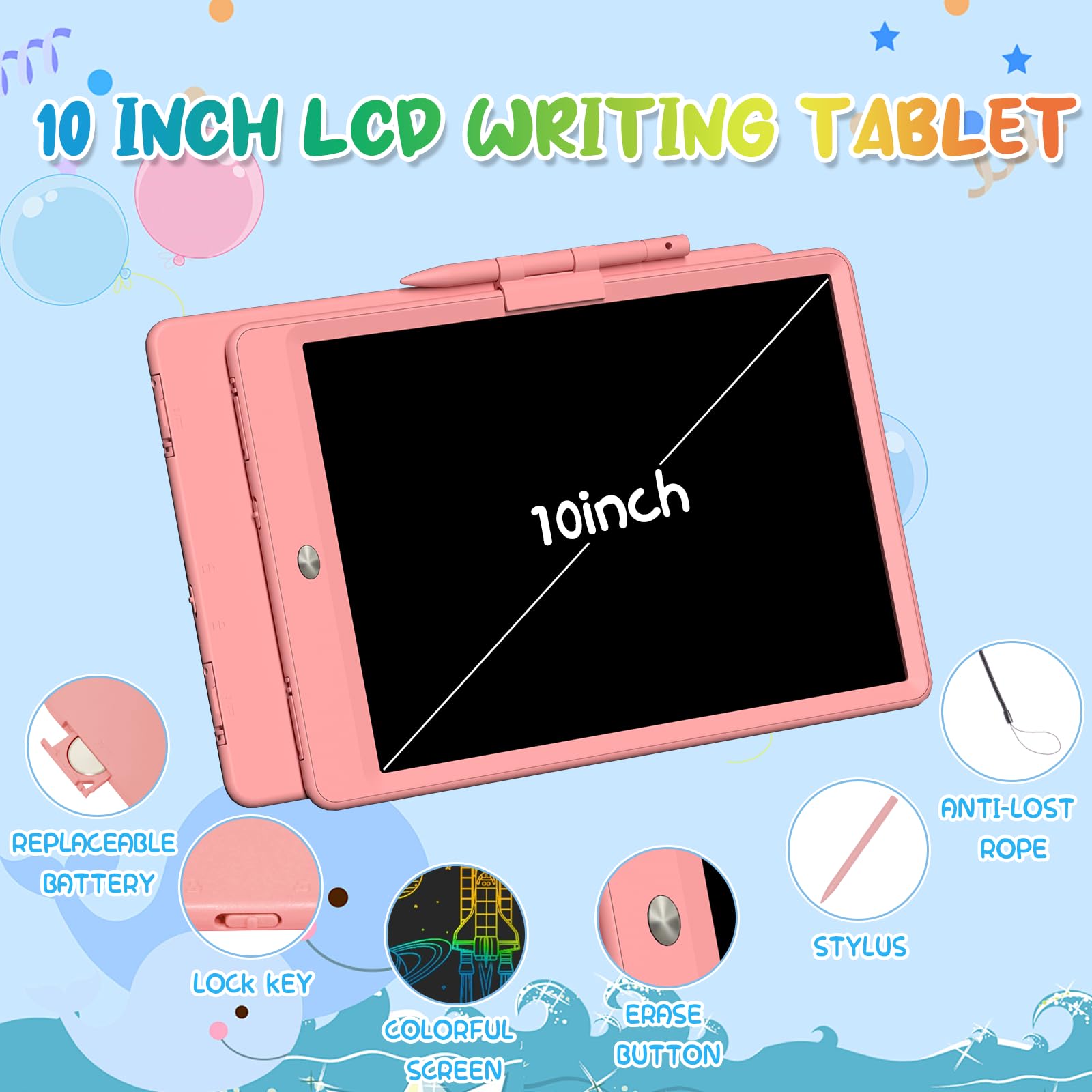 10 Inch LCD Writing Tablet for Kids - Colorful Reusable Doodle Board, Electronic Drawing Pad | Educational Learning Toy for Toddlers & Girls (Pink) | Perfect for Home, School & Travel Activities
