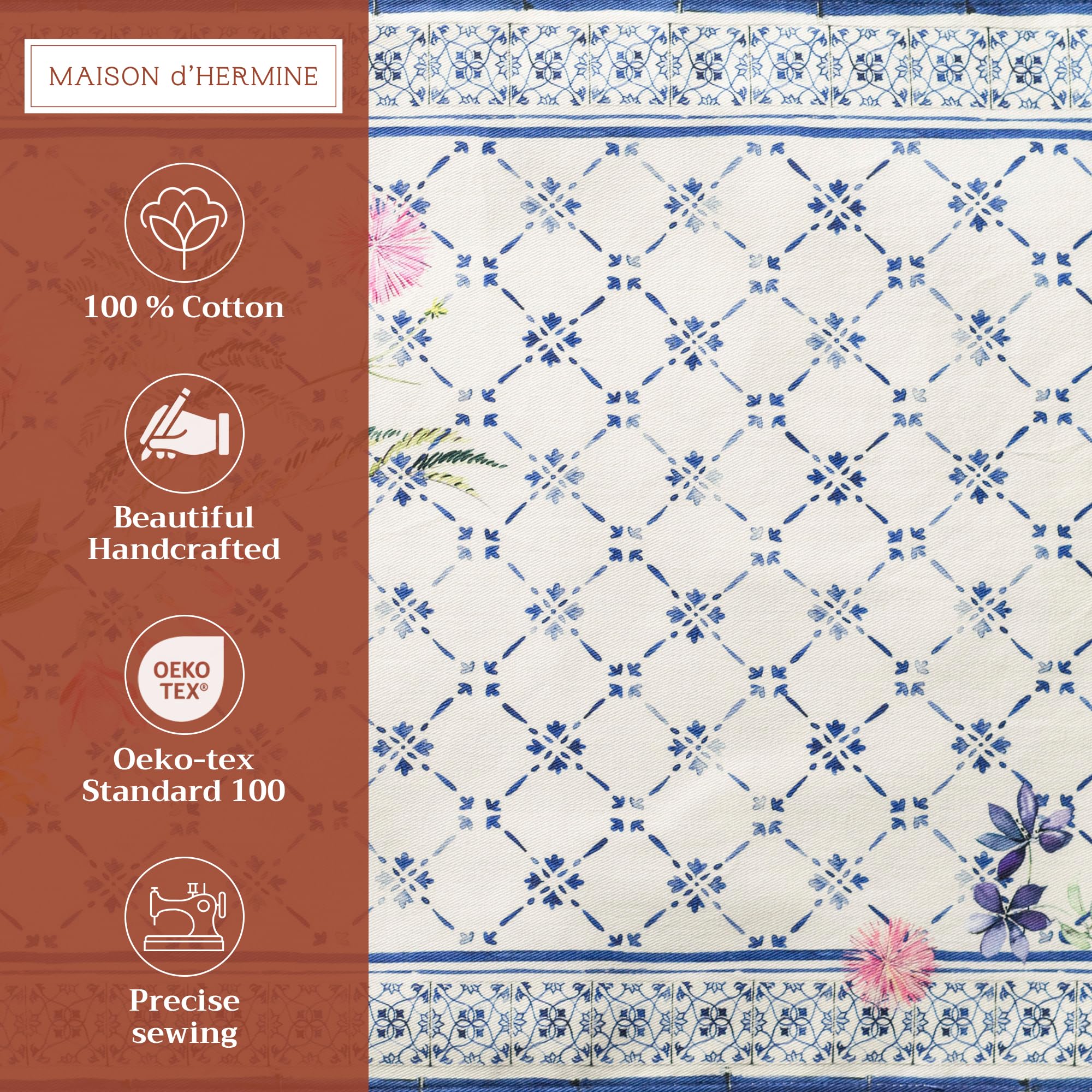 Hermine Cotton Placemats Set of 4 - 100% Washable Cloth Placemats for Dining Table, Kitchen, Wedding & Restaurant - Easter & Spring Decor (13x19 Inch, Faience Design) - Perfect for Buffet Parties, Holiday Gatherings & Everyday Meals