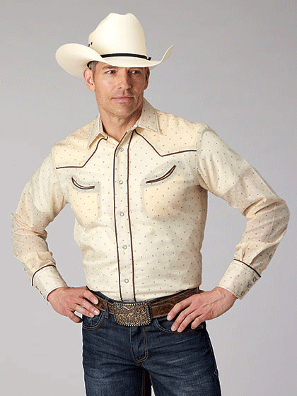 Vintage Western Long Sleeve Shirt for Men - Roper 01 001 0086 4065 in Cream | Cowboy Style, Country Wear & Casual Outfit for Rodeo, Ranch Work or Everyday Fashion