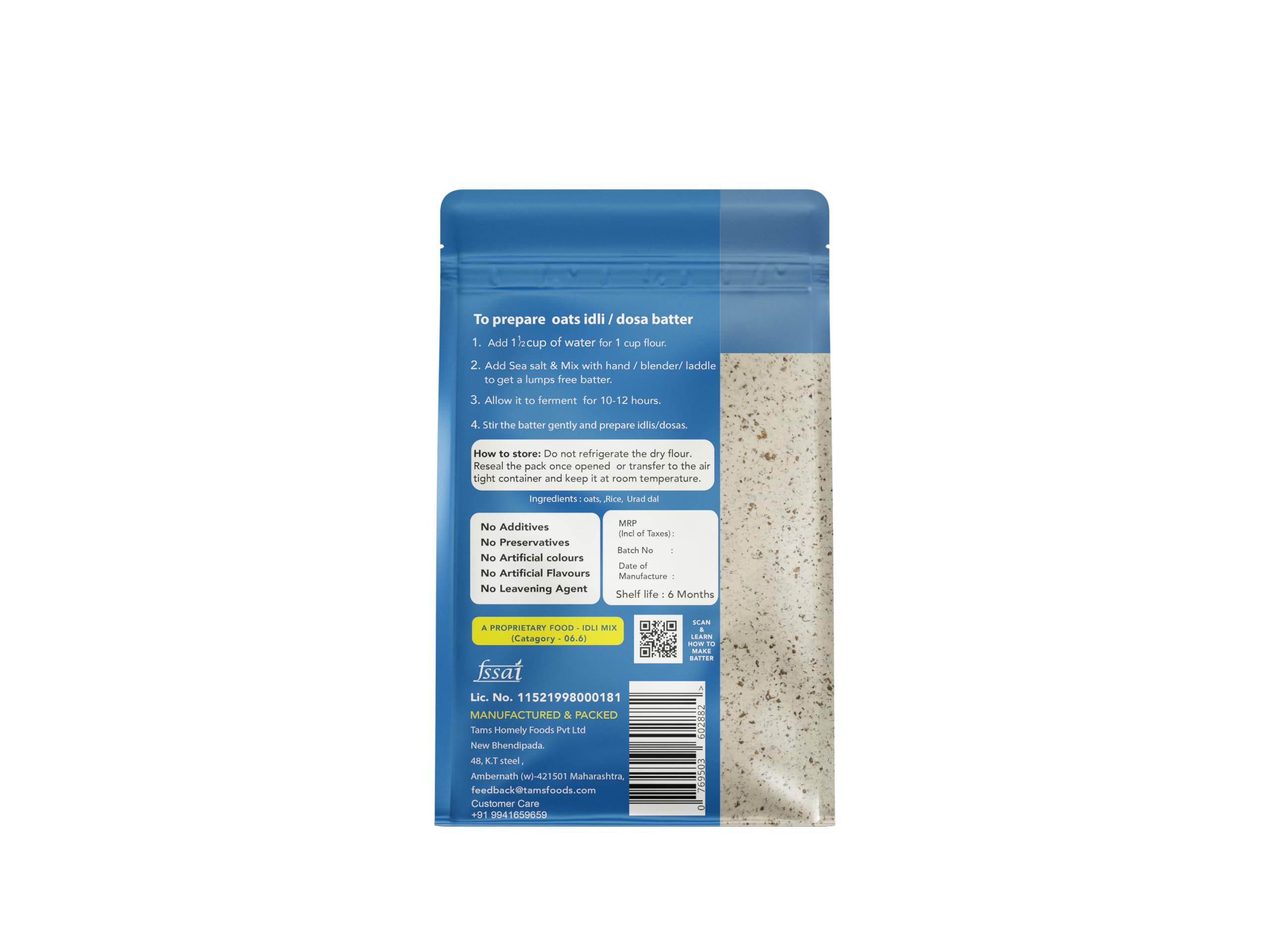 Tams Oats Idli Dosa Flour 1kg - Naturally Fermenting Flour with 6 Months Shelf Life | Makes 2.5kg Batter for 60 Soft & Healthy Idlis | No Additives, Chemicals or Yeast | Easy to Prepare Homemade South Indian Breakfast | Perfect for Quick Meals, Vegan Diets & Gluten-Free Lifestyles