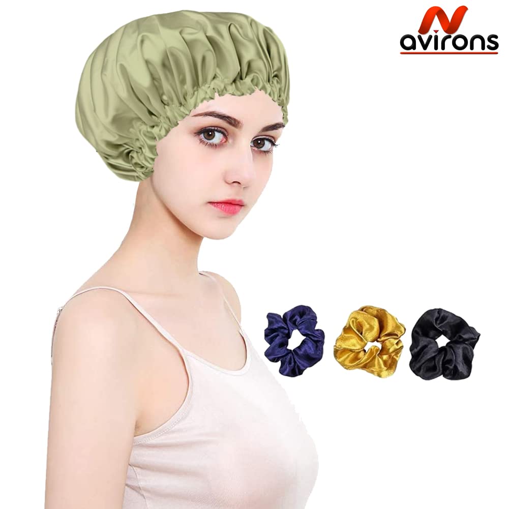 Avirons Satin Silk Hair Bonnet for Sleeping - Reversible Silk Head Cap with Free 3 Scrunchies | Night Cap for Women & Curly Hair Care | Perfect for Travel, Bedtime & Hair Protection (Standard Size)