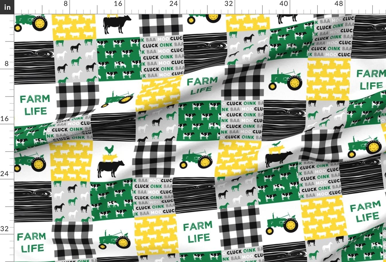 Farm Life Horse Printed Minky Fabric - Green Yellow Black Woodgrain Patchwork Fat Quarter for Sewing Baby Blankets, Quilt Backing & Plush Projects - Soft & Cozy Fabric for DIY Crafts, Nursery Decor & Home Decor