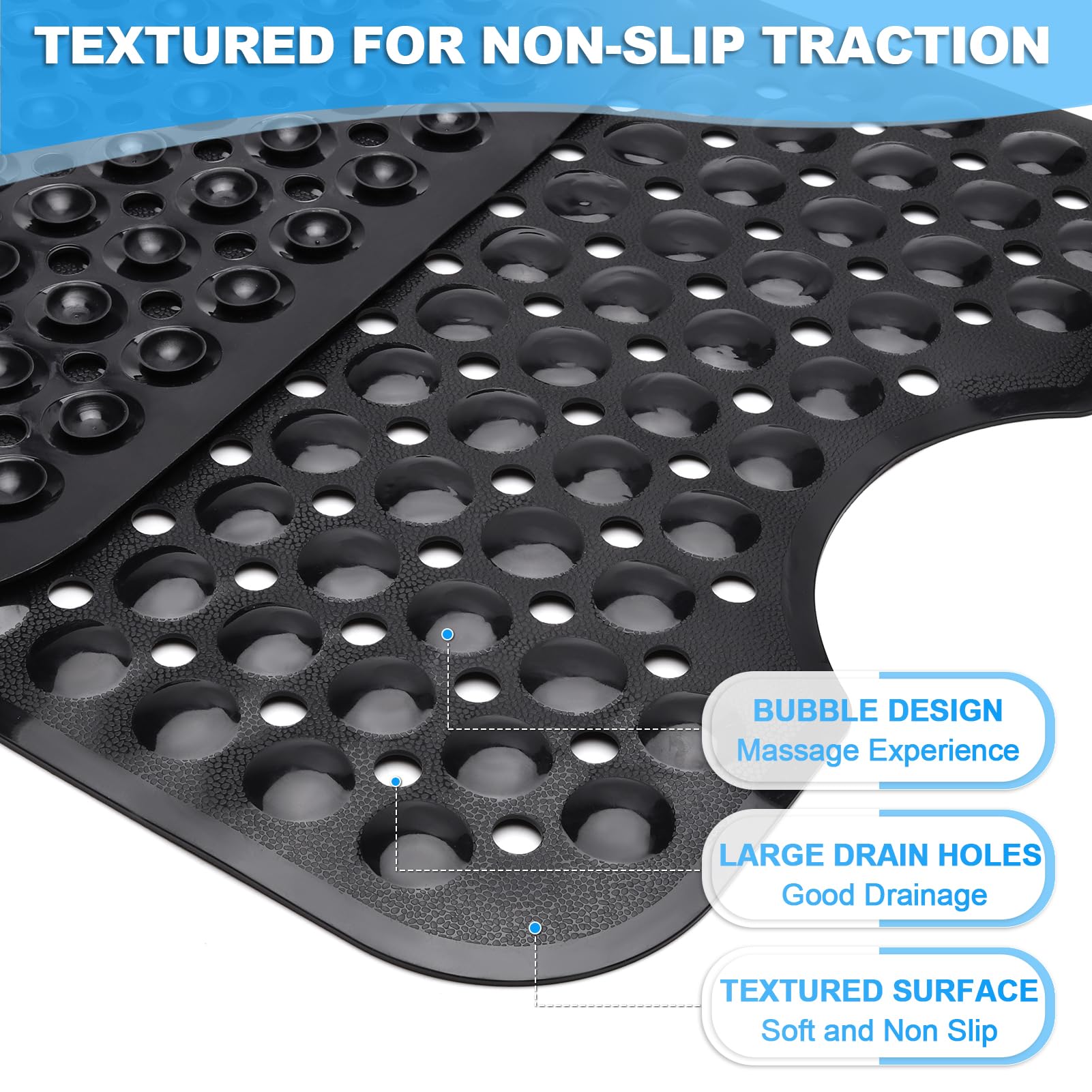 Non-Slip Bath Mat 40x16 Inch Extra Large - Soft Bathtub & Shower Mat with Strong Suction Cups & Drain Holes | Machine Washable Black Bathroom Floor Mat for Safety & Hygiene | Perfect for Kids, Elderly & Wet Areas