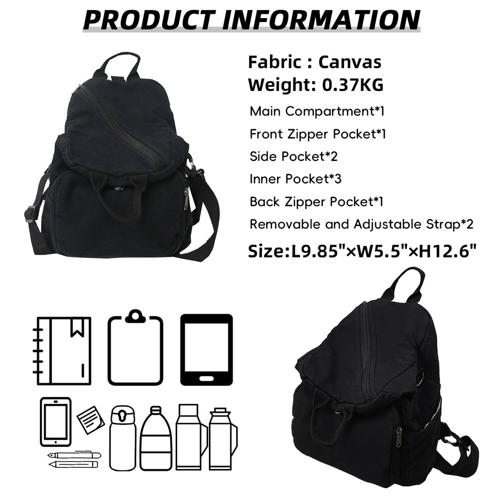 Stylish Canvas Backpack for Women & Men - Lightweight Small Daypack with Purse Compartment - Perfect for Work, School & Travel (Black) | Durable Casual Backpack for Daily Use, Commuting & Outdoor Activities