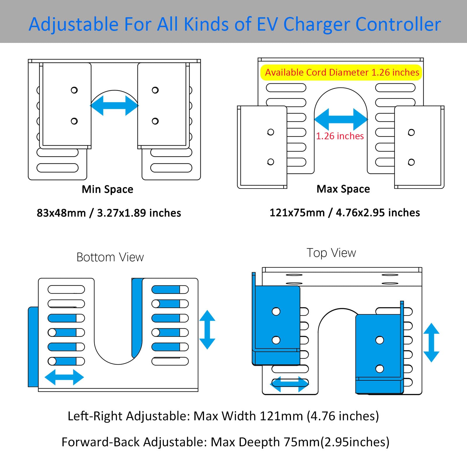 Premium EV Charger Holder - Durable Metal Wall Mount Bracket for Tesla, Nissan, Chevy & Other Electric Vehicles - Adjustable Design Fits Chargers Up to 4.76x2.95 Inches - Perfect for Garage, Home & Outdoor EV Charging Stations