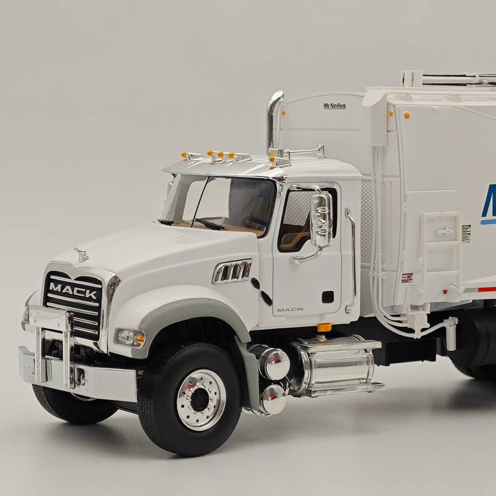 1/34 Scale Mack Granite with McNeilus Rear Load Refuse Body & Trash Carts - White Diecast Model Truck (First Gear 10-4295) - Perfect for Collectors, Display, and Construction-Themed Dioramas