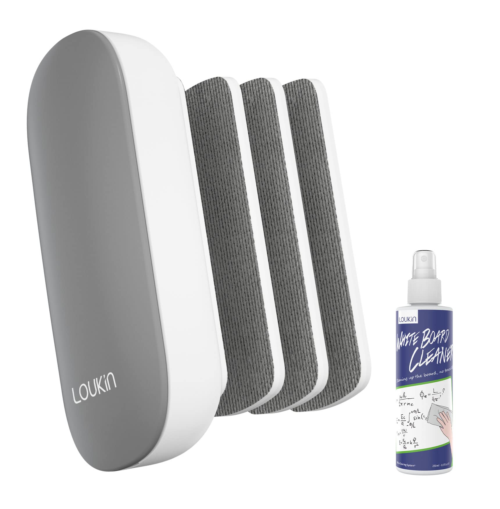 Magnetic Whiteboard Eraser with 3 Replaceable Felt Pads - 4-in-1 Glass Dry Erase Board Cleaner Kit Includes 3.4 fl oz Whiteboard Cleaner (Gray) - Perfect for Office, Classroom & Home Use