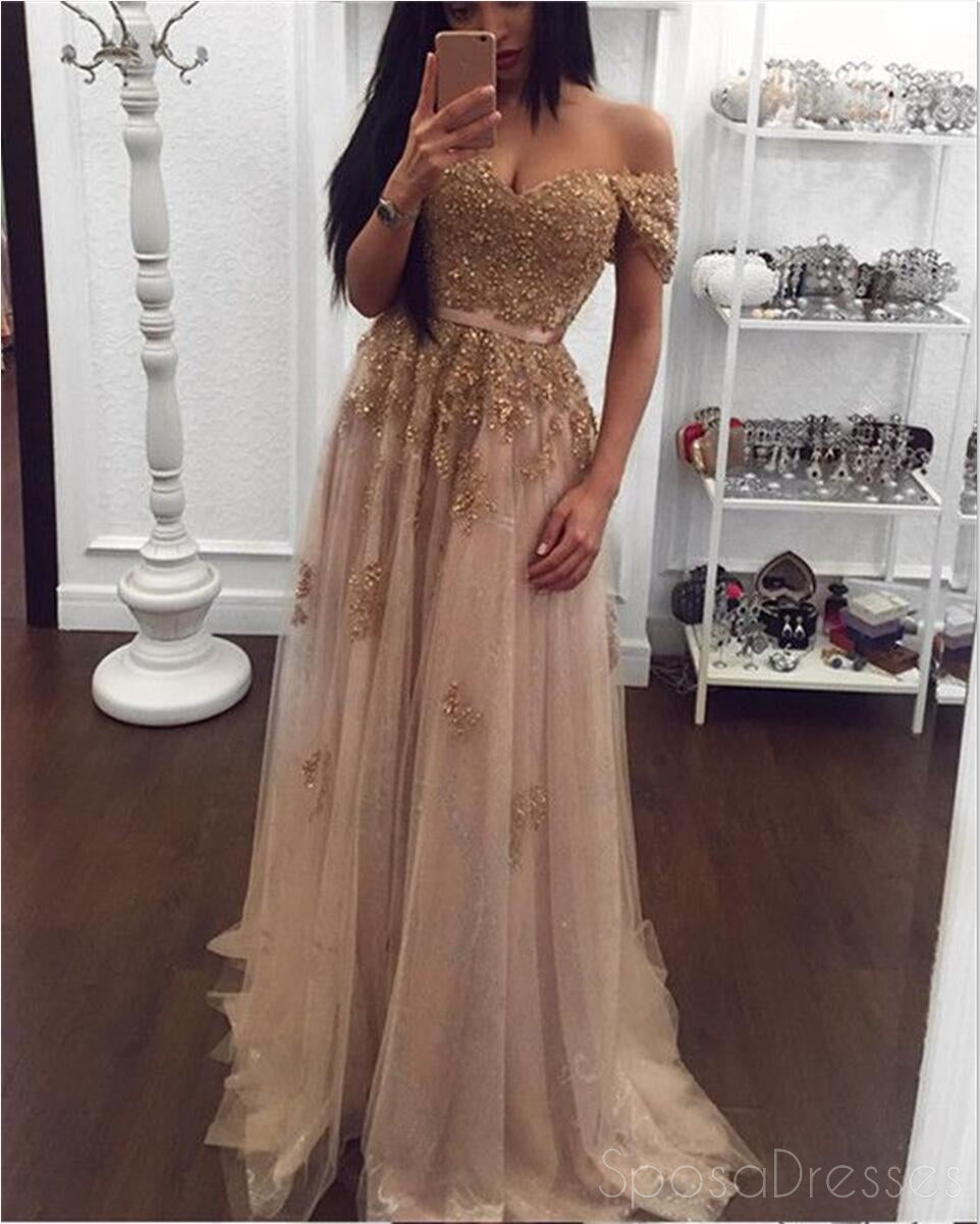 Elegant Off Shoulder Gold Lace Beaded Long Evening Prom Dress - Custom Formal Gown for Women - Perfect for Homecoming, Prom Night & Special Occasions