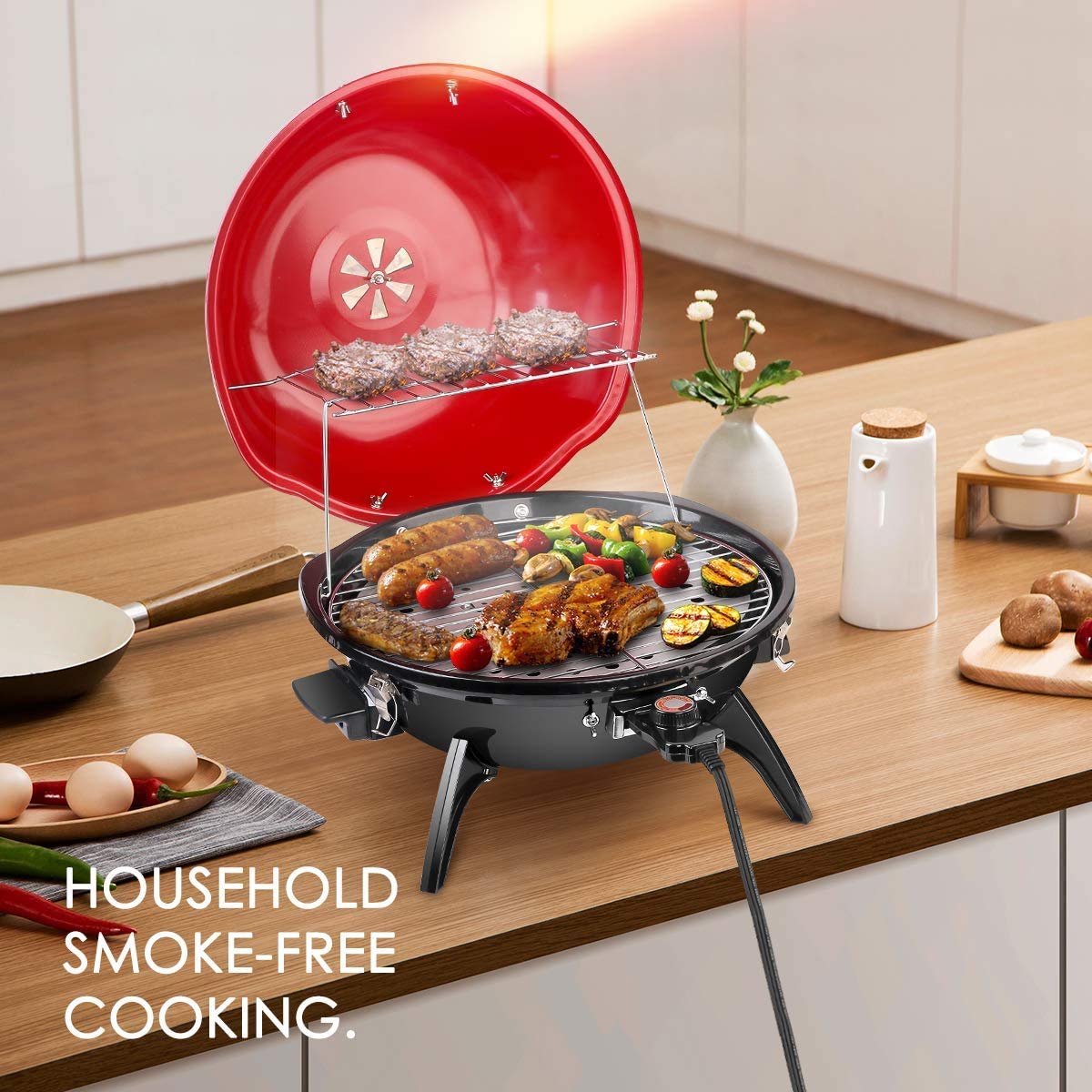 Techwood 1600W Electric Grill for Indoor & Outdoor Use - Portable Tabletop BBQ Grill with Removable Parts (Red) - Perfect for Backyard, Camping & Small Space Cooking