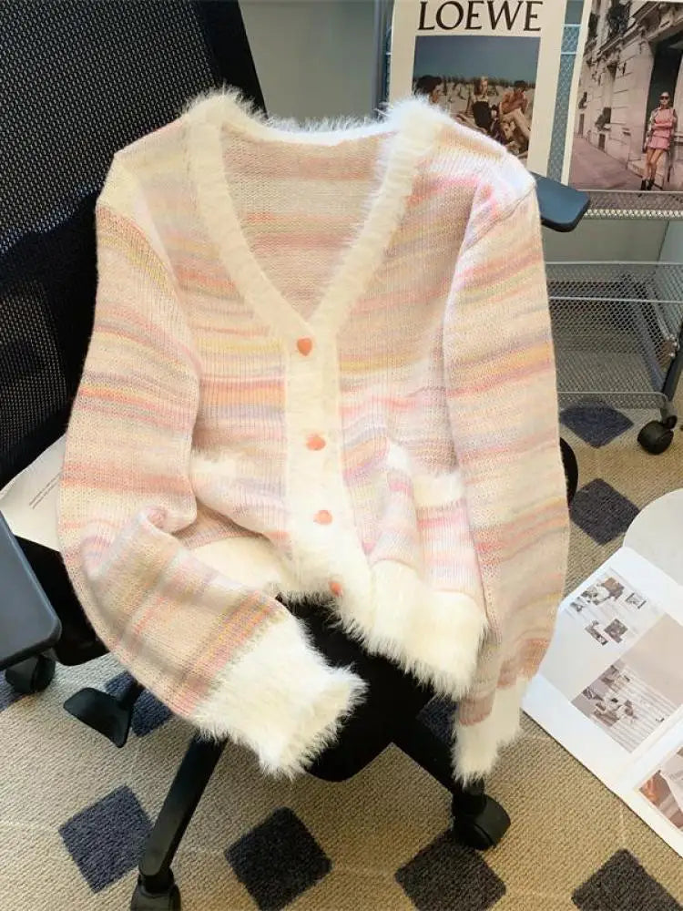 2024 Women's V-Neck Long Sleeve Striped Gradient Knit Sweater - Soft Short Hair Pullover for Autumn Winter | Casual Office Wear & Holiday Outfits