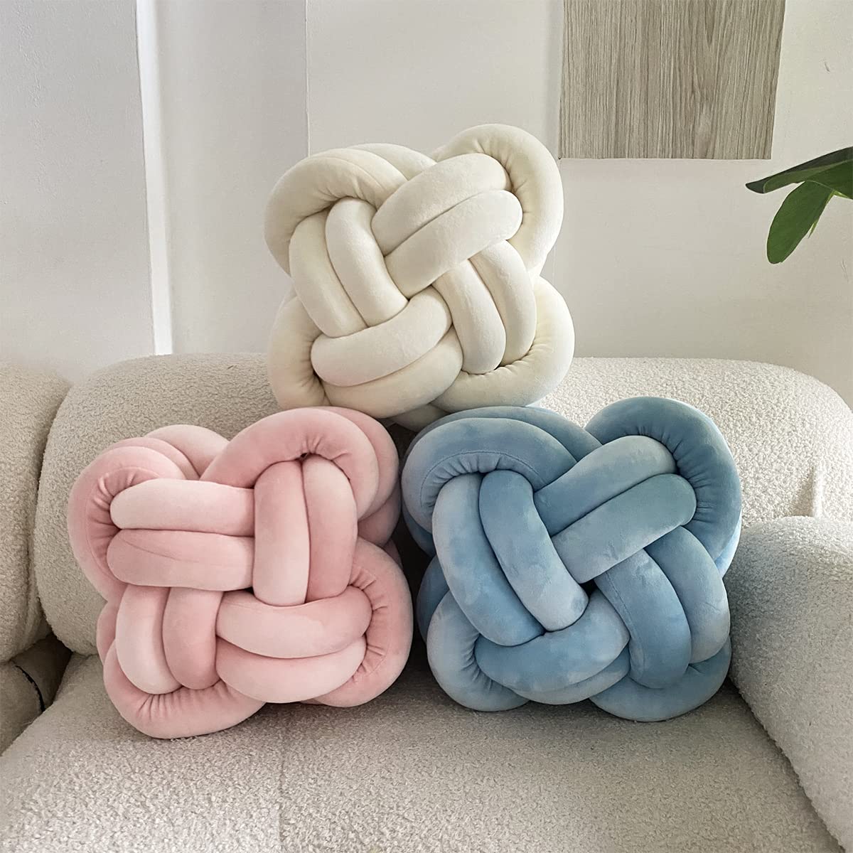 Handmade Soft Knotted Decorative Throw Pillows - Blue Square Plush Floor Cushion for Couch, Bed & Living Room | Aesthetic Knot Pillow Ball (11.8'') - Perfect for Christmas Decor, Cozy Home & Lounge Relaxation